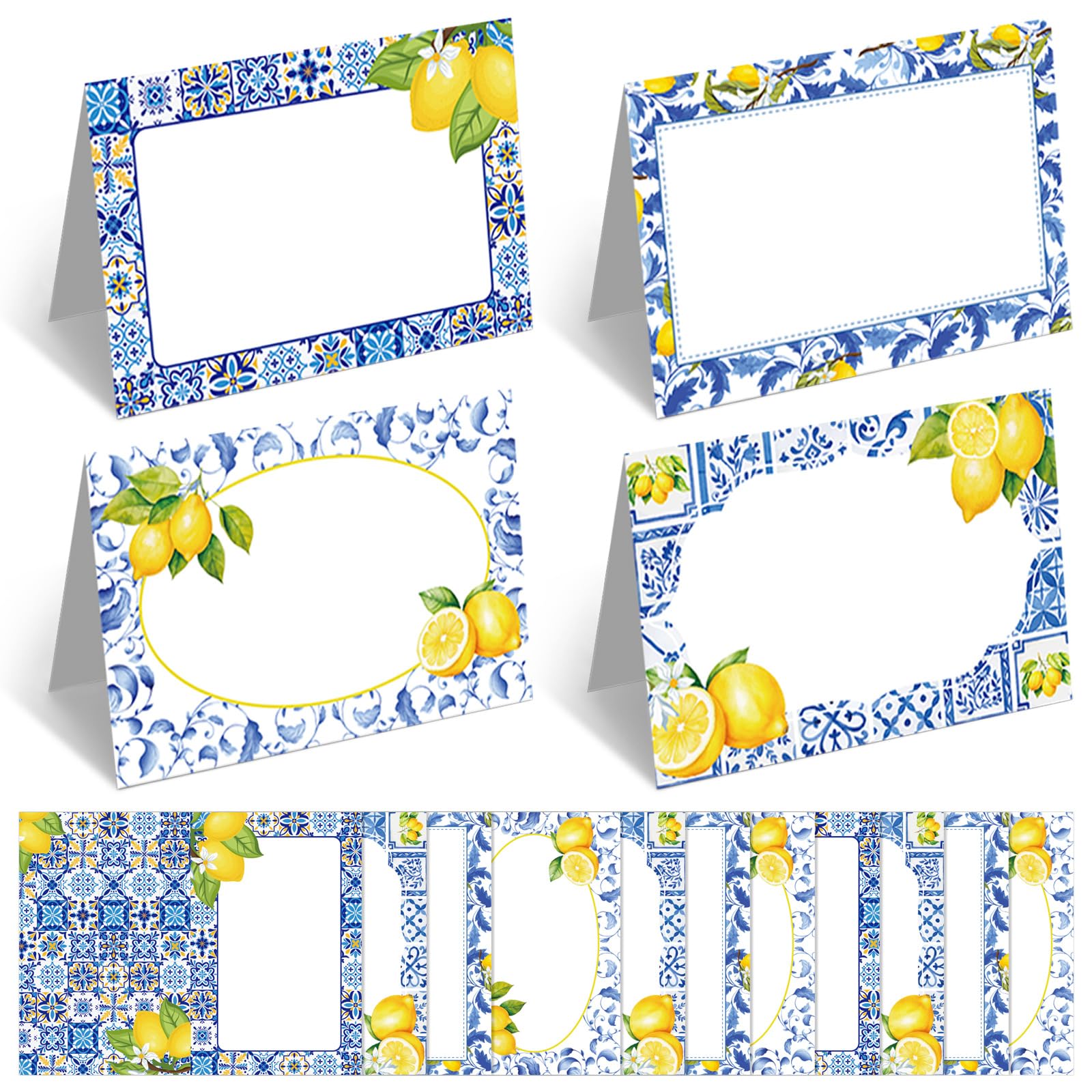 Photo 1 of Jetec 48 Pcs Capri Lemon Place Cards Yellow and Blue Tile Table Name Cards Tent Placard Buffet Food Label for Table Setting Birthday Bridal Shower Italy Yellow Lemon and Amalfi Coast Party Decoration