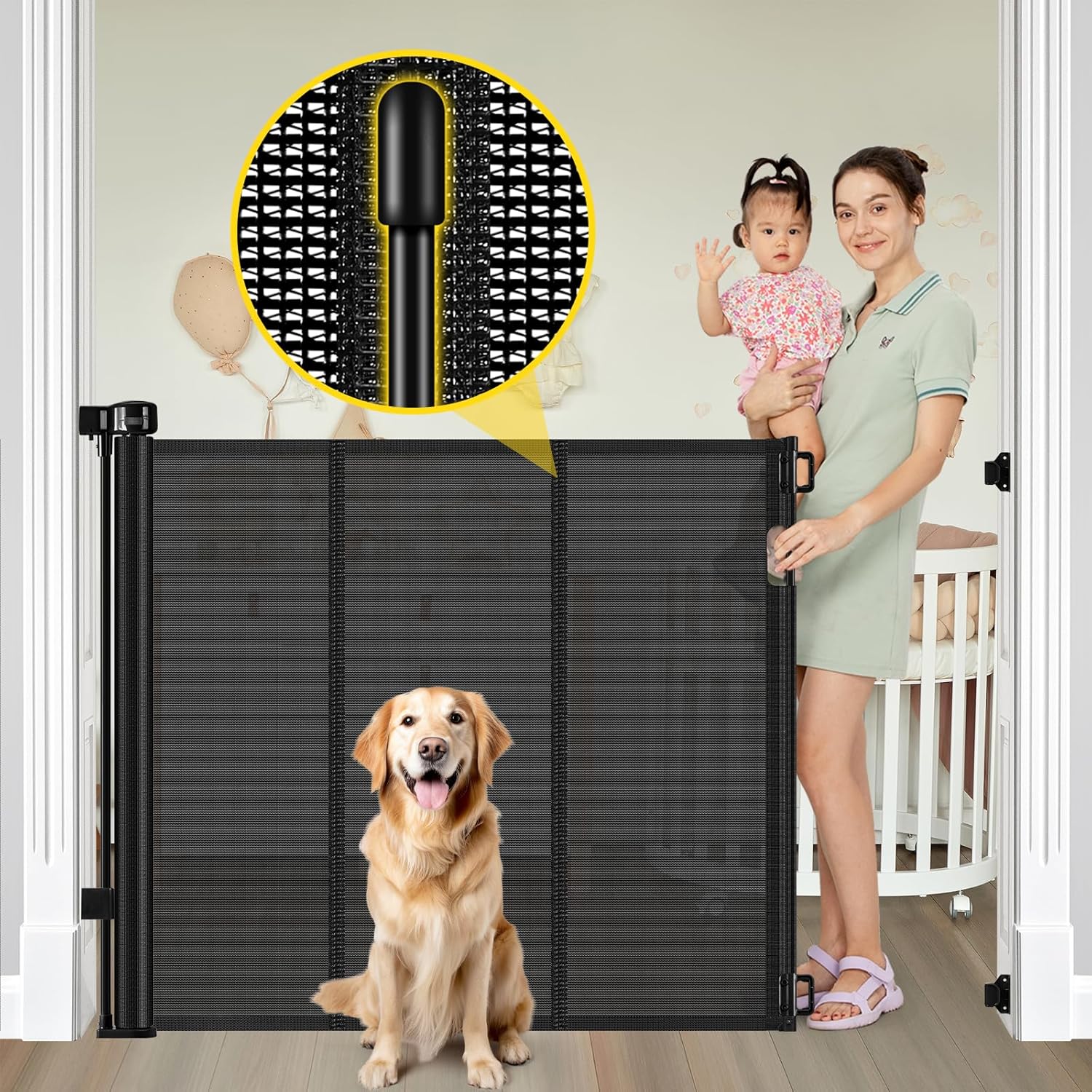 Reinforced 42” Extra Tall Retractable Baby Gates with Rods, Extends up to 60” Wide, Tall Retractable Dog Gate for Doorways Prevent Crawling Through Mesh Pet Gate Indoor Outdoor, Black Black Reinforced 42" Tall x 60" Wide