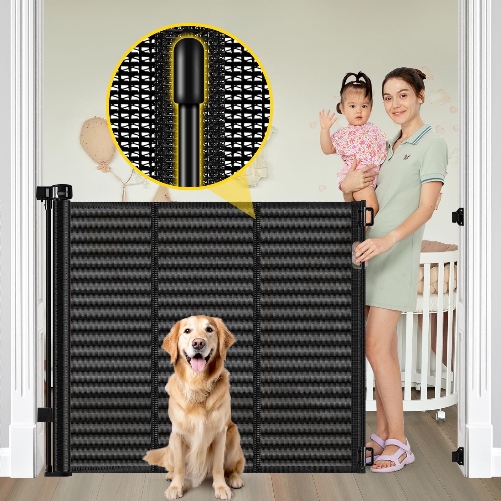 Reinforced 42” Extra Tall Retractable Baby Gates with Rods, Extends up to 60” Wide, Tall Retractable Dog Gate for Doorways Prevent Crawling Through