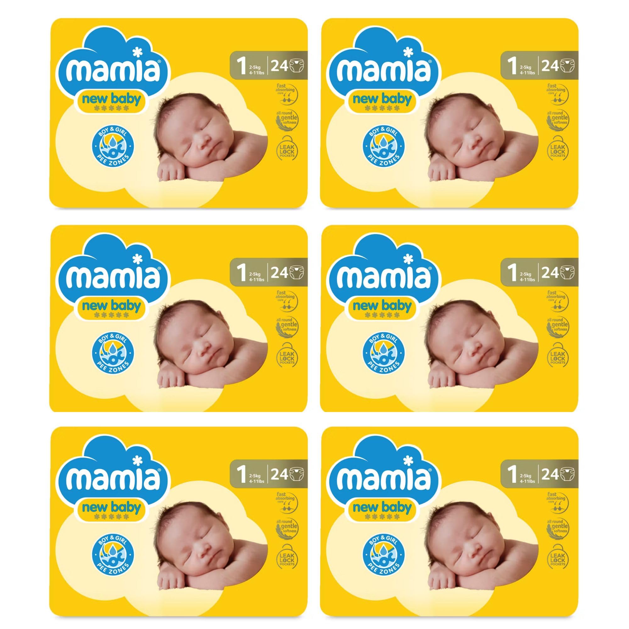 Mamia Size 1 Nappies Newborn 24 Pack, 144 Nappies (6 x 24)