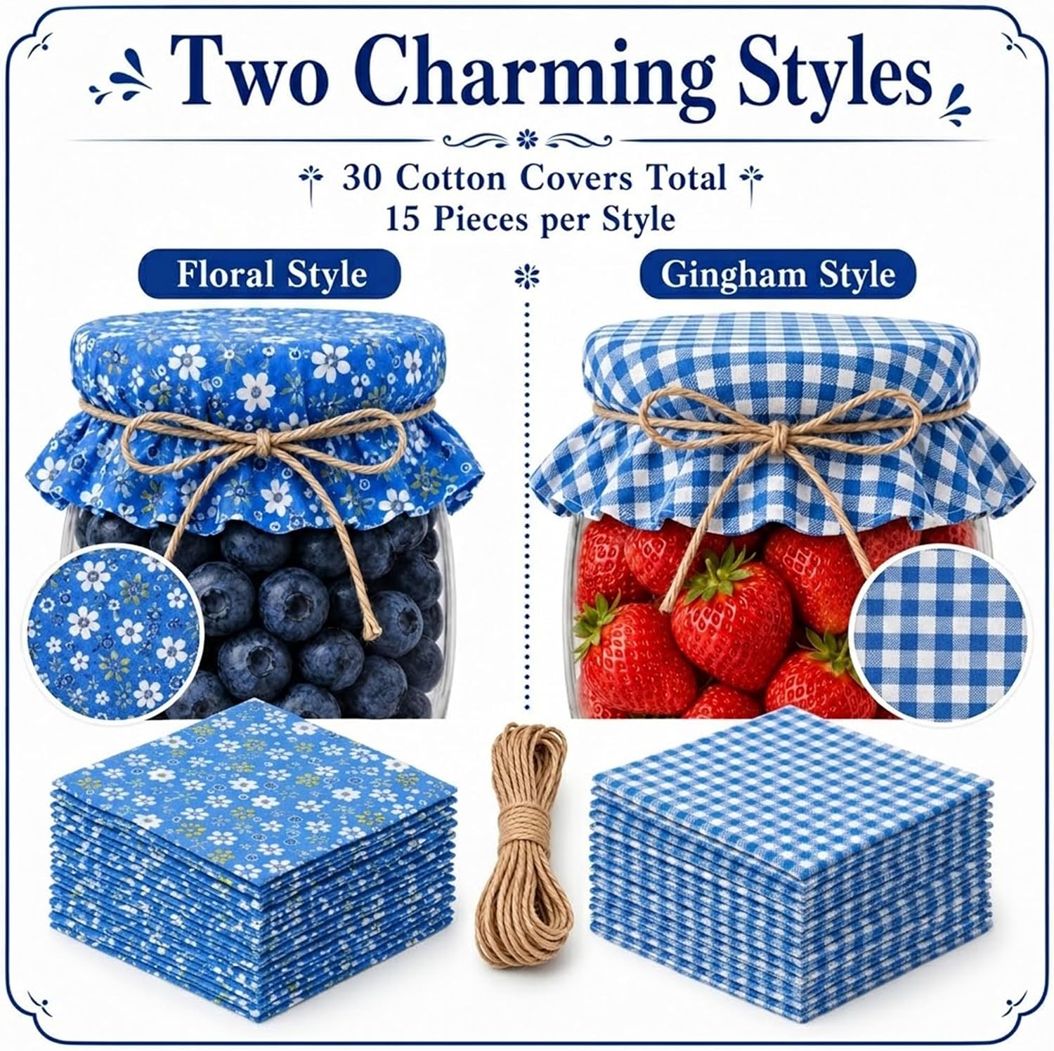 30 Mini Glass Jam Jars 200 ml (6.8 oz) with Lids BPA Free Small Yogurt Bottles for Jam Honey Dessert Wedding Party Favors Table Centerpiece Candy Buffet Decor with Fabric Covers and Twine（Blue）