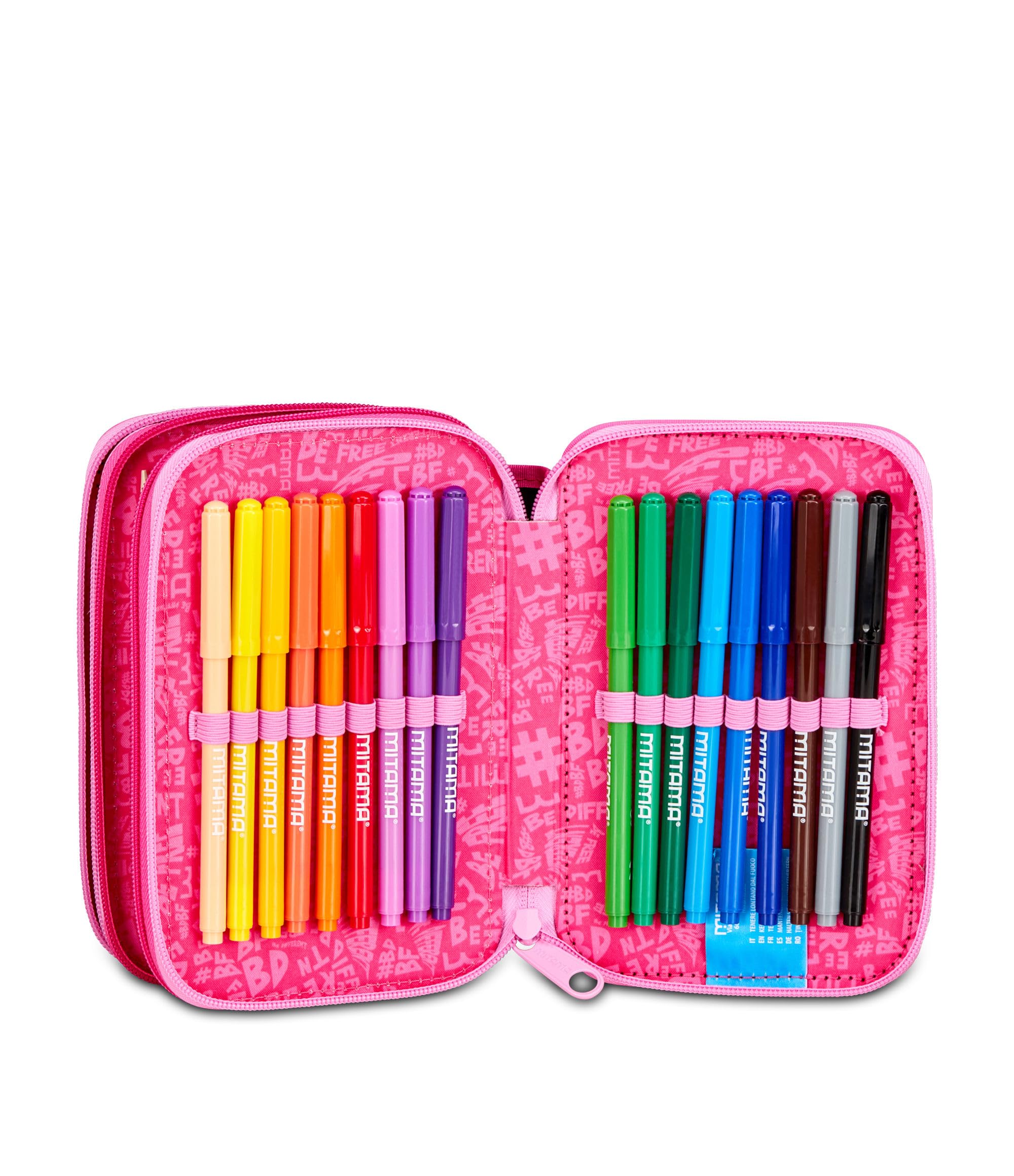 Mitama Trousse scolaire 3 compartiments, triple FURRYPINK, contenu 47 pièces, avec crayons, marqueurs, porte-stylo école primaire fille