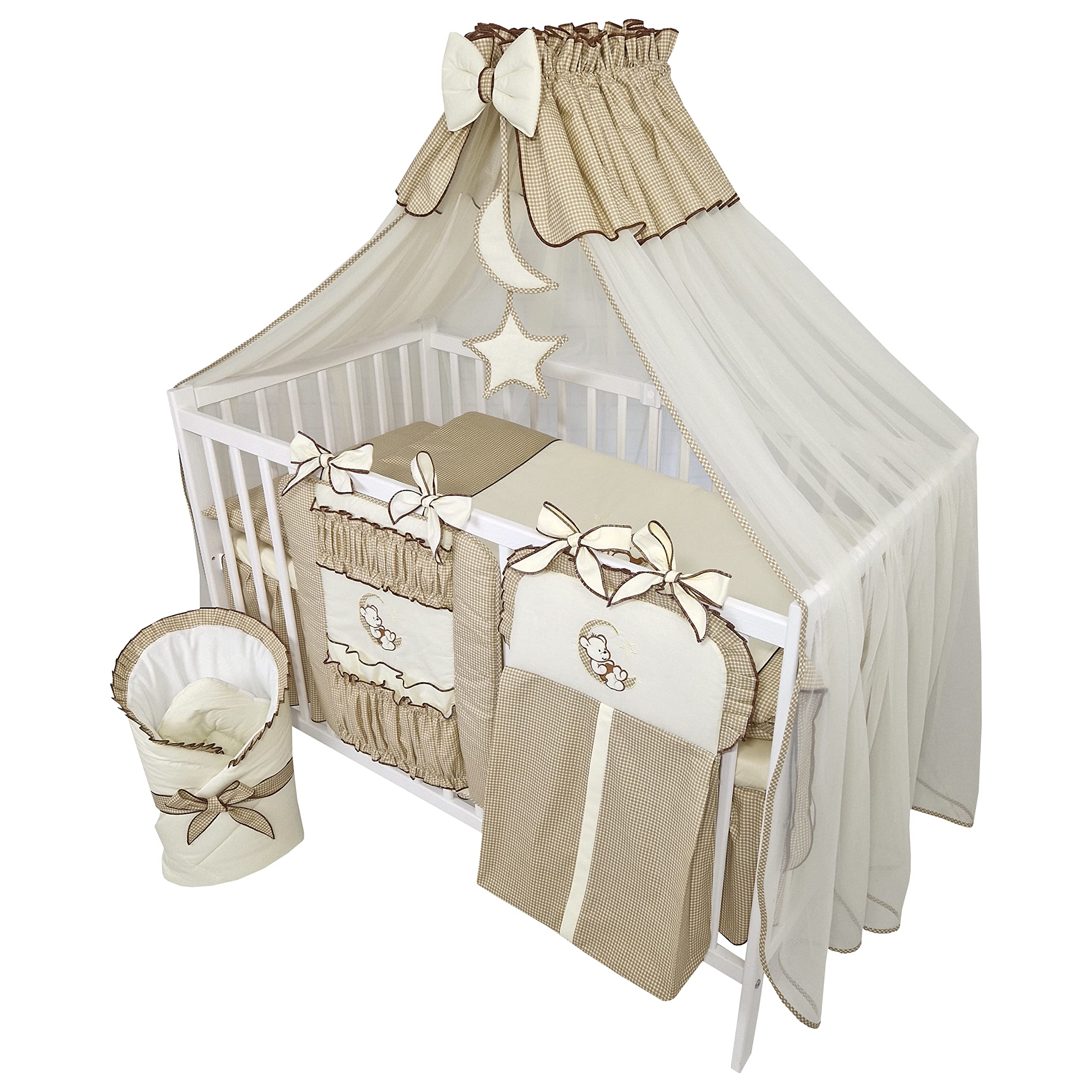 Juego Completo de 14 Piezas de Ropa de Cama de bebé sin Cama Bordado con Osito en la Luna Beige Oscuro (100x135 cm)