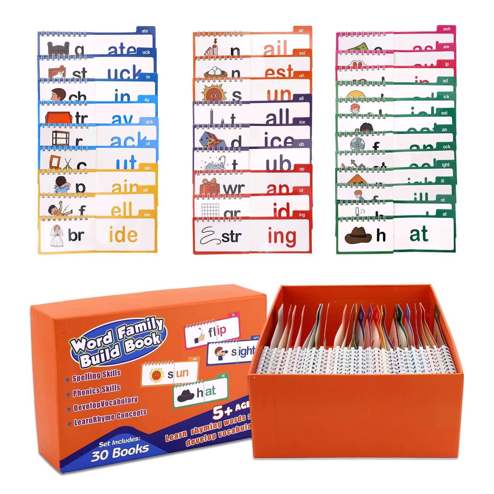 Penitue 30pcs Read and Rhyme Flip Books, Sight Words Flash Cards Kindergarten Phonics Flash Cards Word Family Build Books ABC Vocabulary Flashcards Educational Reading Games for Kids