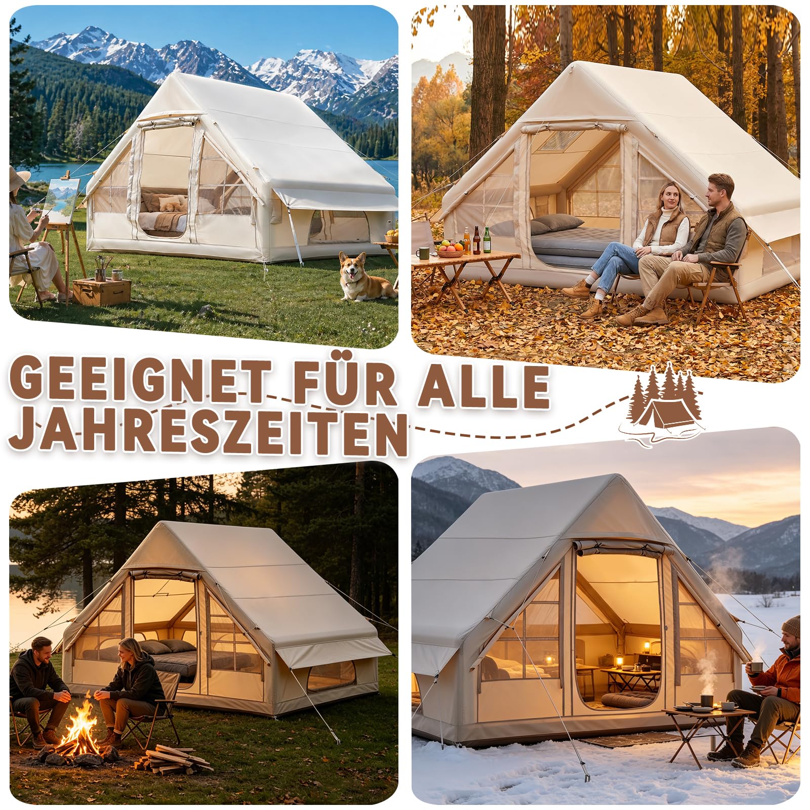 Aufblasbares Campingzelt mit Kaminöffnung & Dachfenster, Aufblasbare Zelt für 2-10per mit Luftpumpe, Zelt Aufblasbar aus Wasserdichtem Oxford-Stoff für Jahreszeiten, Schneller Aufbau Luftzelte