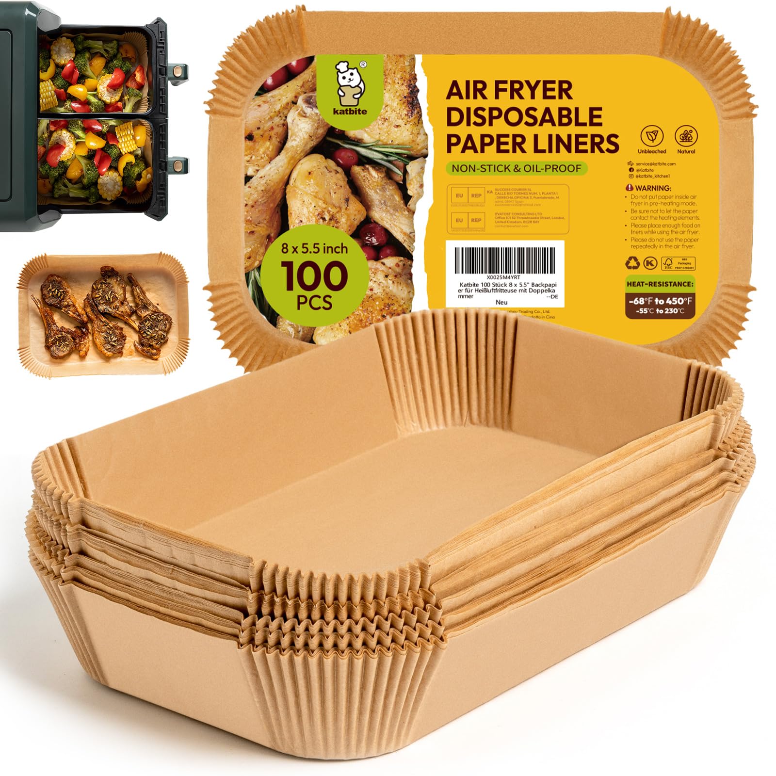Katbite 100 Stück Backpapier für Heißluftfritteuse, 20 x14 cm Airfryer Papier Liners kompatibel mit Ninja Dual/Double Stack, Ninja AF300EU AF400EU,COSORI,Philips,Cecotec Airfryer