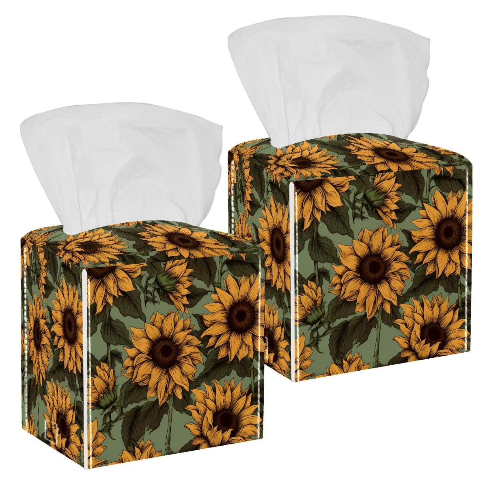 Sunflowers Tissue Box Cover, 2 Pack PU Leather Square Facial Tissue Dispenser Box holder for Home Office Car