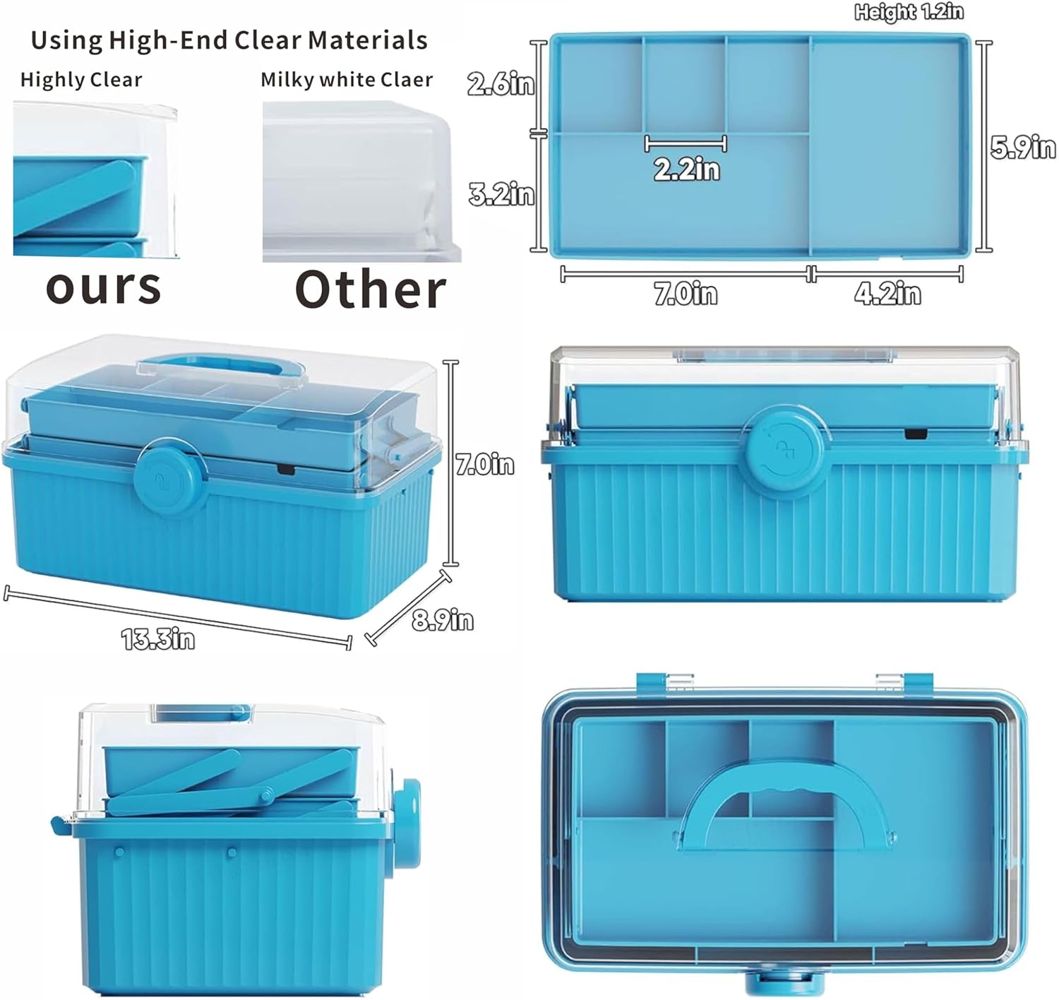 Yieach 13.3in 3-Layer Multipurpose Craft Storage and Sewing Box,Plastic Folding Box for Medication/First aid/Medicine/Craft/Ivf Medication Organizer and Art Supplies Storage,Blue