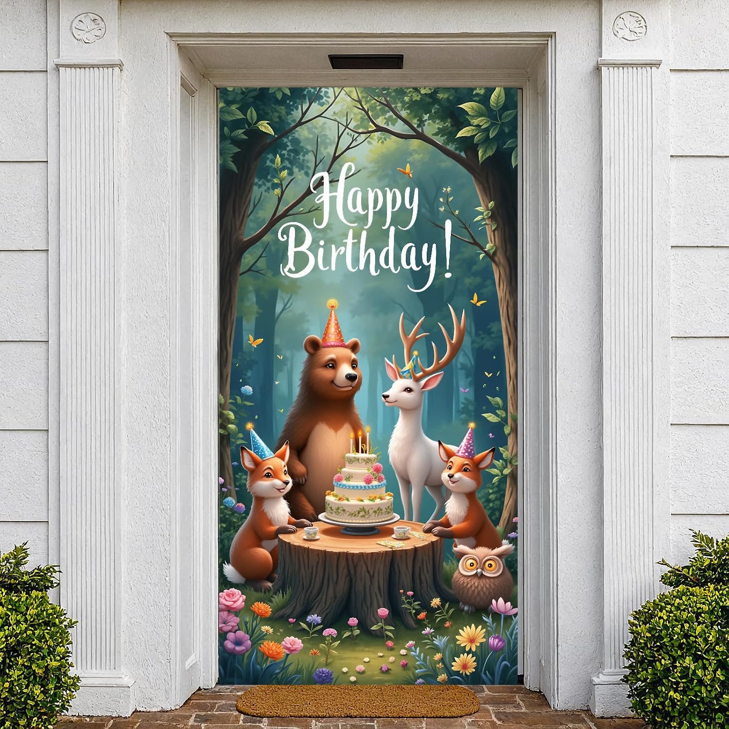 Woodland Animals Birthday Door Cover Happy Birthday Forest Animals Door Banner Hanging Decoration Birthday Party Supplies Cute Animal Theme Front Door Banner for Kids Boys Girls