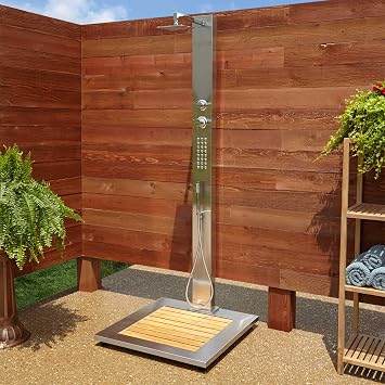 Signature Hardware 413240 Abner Stainless Steel Thermostatic Outdoor Shower Panel with Shower Head, Hand Shower, Bodysprays and Bamboo Tray - Brushed Stainless Steel