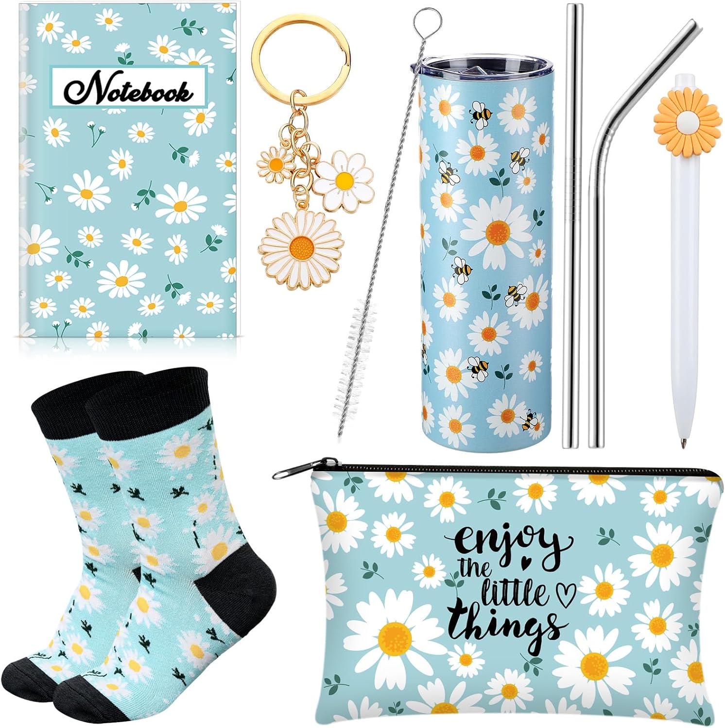 Panitay 6 Pcs Daisy Gifts Set for Women Daisy Flower Themed Stainless Steel Tumbler 20 Ounce with Straw and Brush Socks Cosmetic Bag Notebook Pen Keychain Party for Women Spring Birthday Supplies