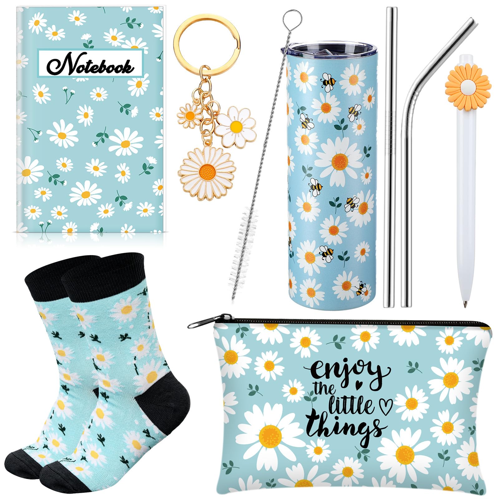Panitay 6 Pcs Daisy Gifts Set for Women Daisy Flower Themed Stainless Steel Tumbler 20 Ounce with Straw and Brush Socks Cosmetic Bag Notebook Pen Keychain Party for Women Spring Birthday Supplies