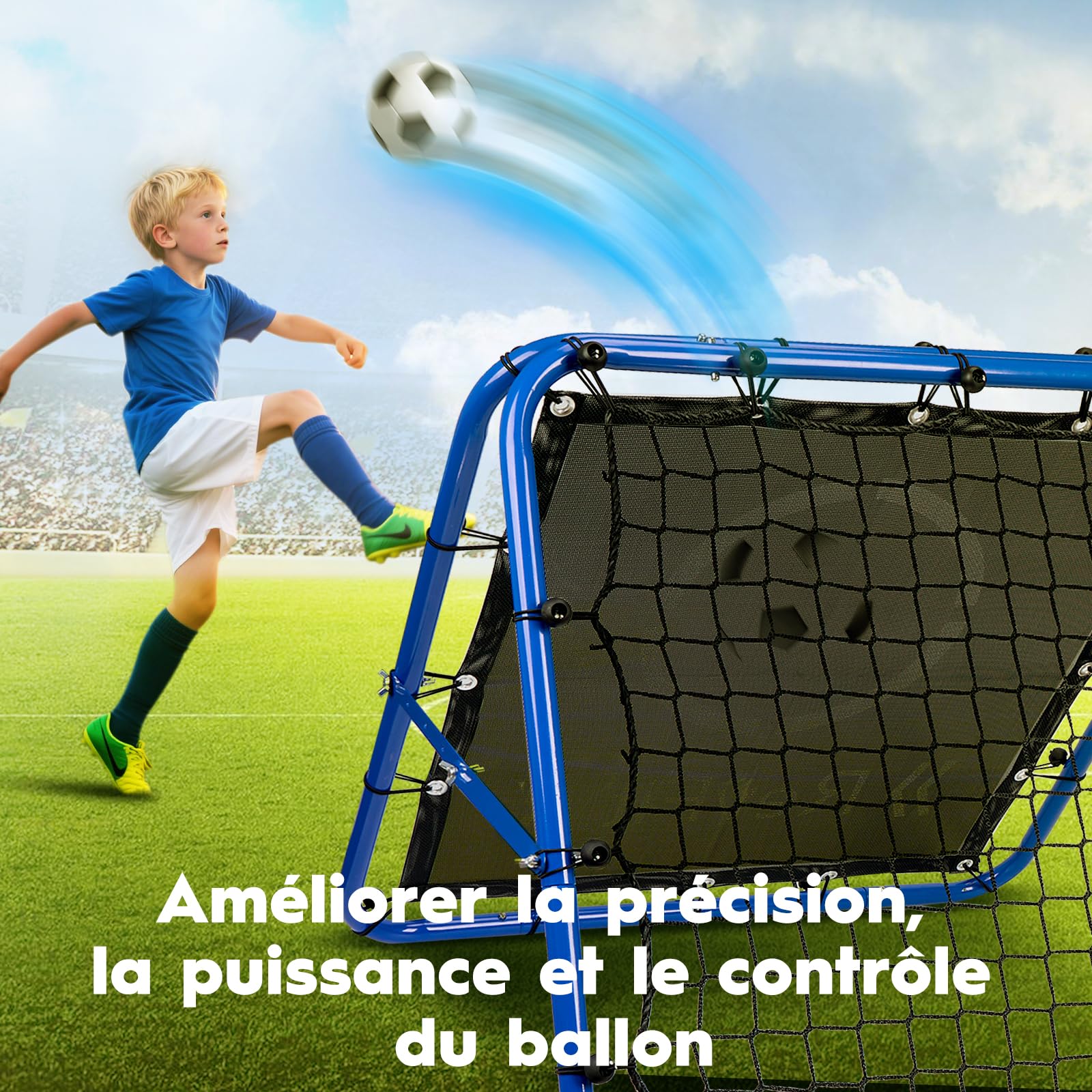 Filet de rebond pour football - Filet de rebond réglable double face avec cible pour football, baseball, tennis, rugby - Filet d'entraînement avec cadre en acier robuste - 80/100/120 cm