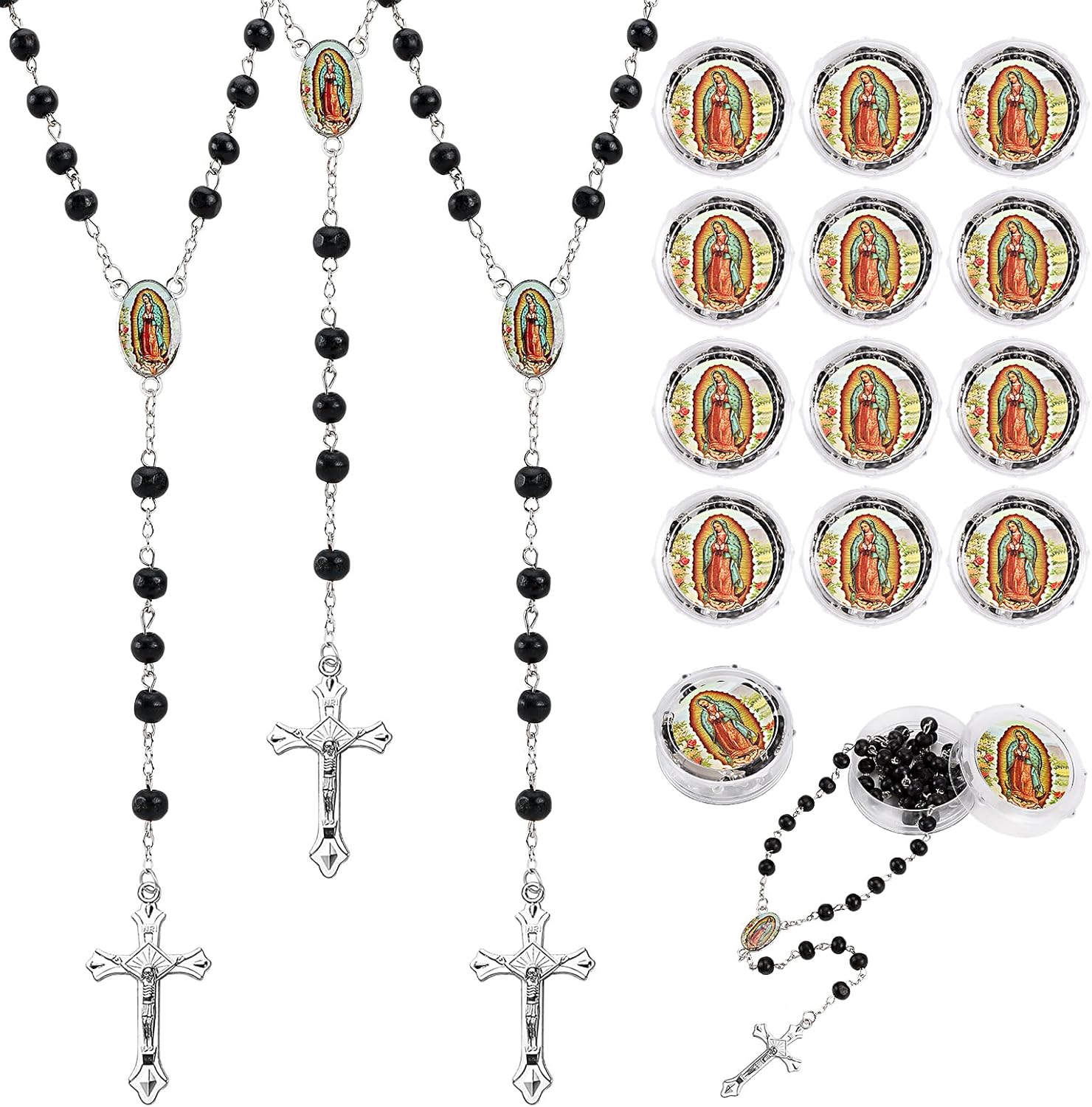 12 PCS Our Lady Of Guadalupe Black Bead Scented Rosaries For Baptism Gifts,Rosaries