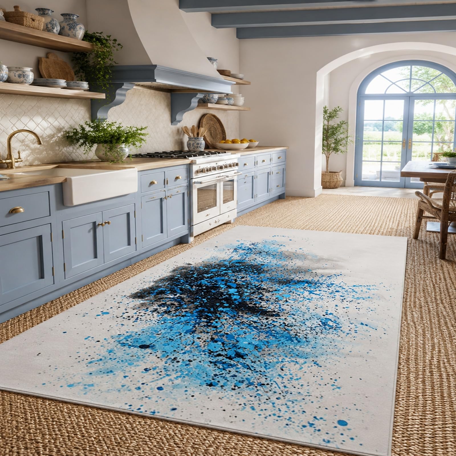 Tapis abstrait moderne bleu noir gris 100x100 cm lavable pour chambre et entrée