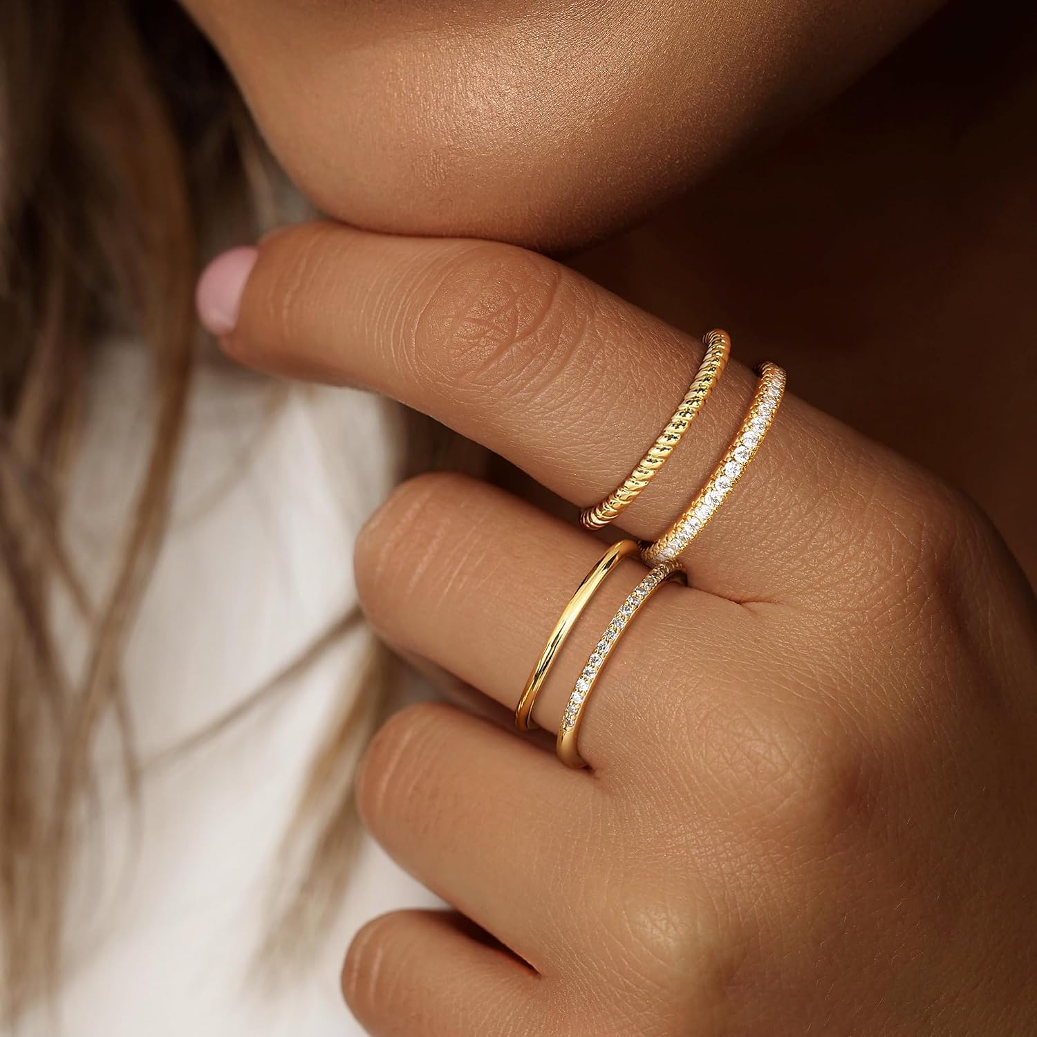 Florideco Stackable Rings for Women 14K Gold Plated Stackable Thin Ring Minimalist Non Tarnish Cubic Zirconia Band Rings Dainty Trendy Statement Stacking Ring Set Size 5-10