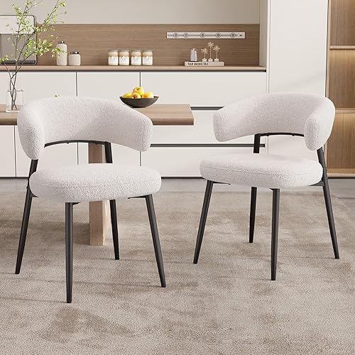 Juego de 2 sillas de comedor, sillas de cocina modernas de mediados de siglo, silla de comedor tapizada Boucle con respaldo curvado y patas de metal