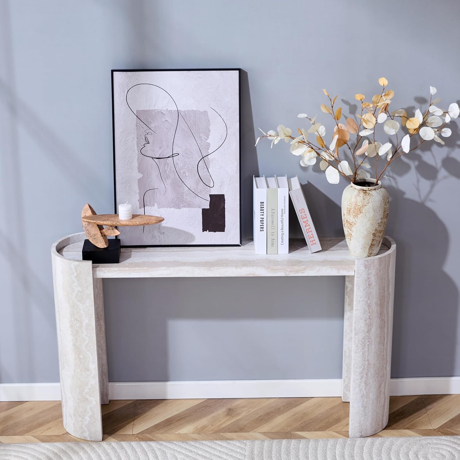 53" Faux Travertine Stone Console Table for Entryway, Sofa Entrance Table with Faux Mars Marble Pattern, Modern Sofa Tables with Round Raised Edge Design for Living Room, Hallway, Foyer, Beige