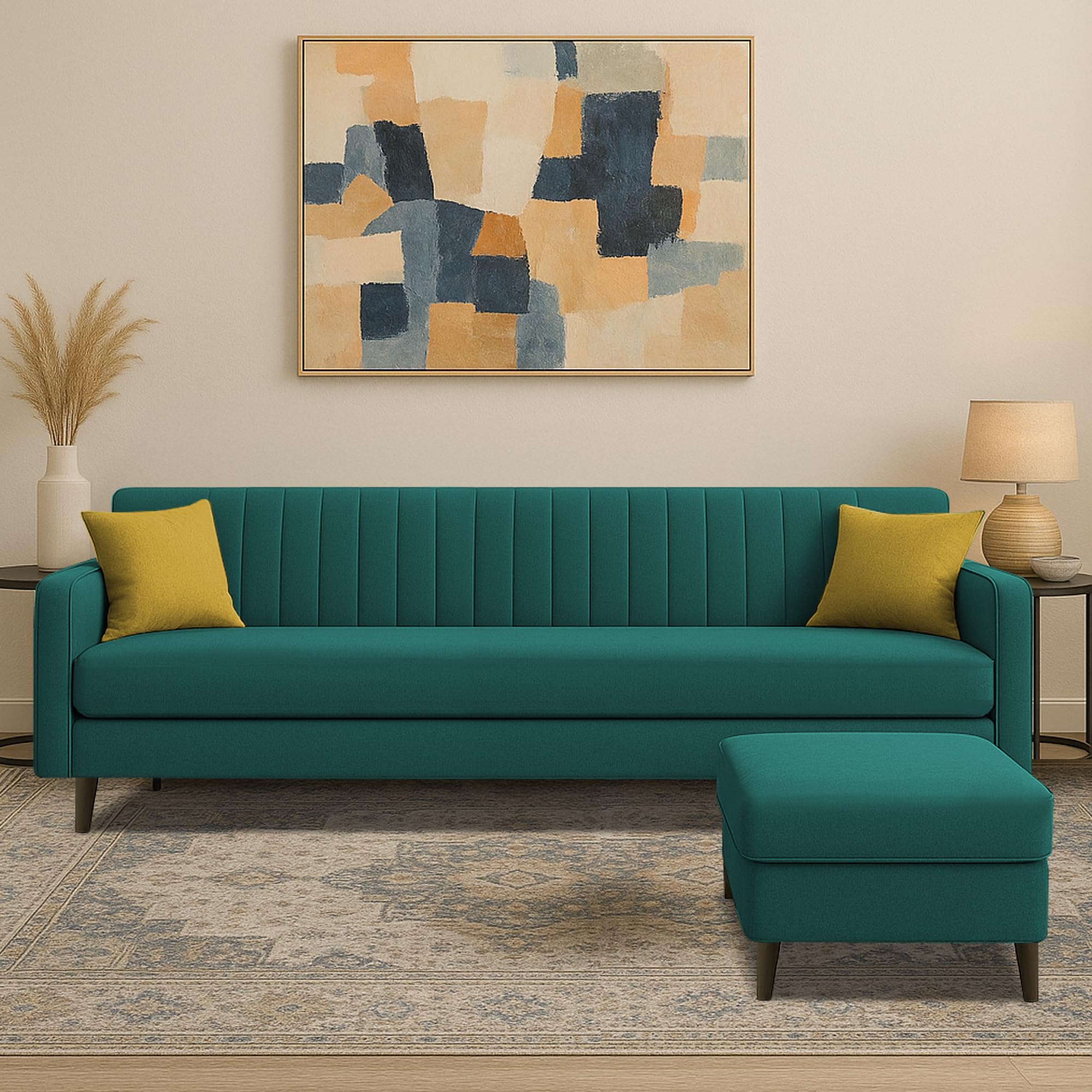 Premium Conva Fabric 5 Seater L Shape Sofa Set 4 Seater Modern Sofa Set & Interchangeable Ottoman for Living Room (Pine Color Fabric)-image-43