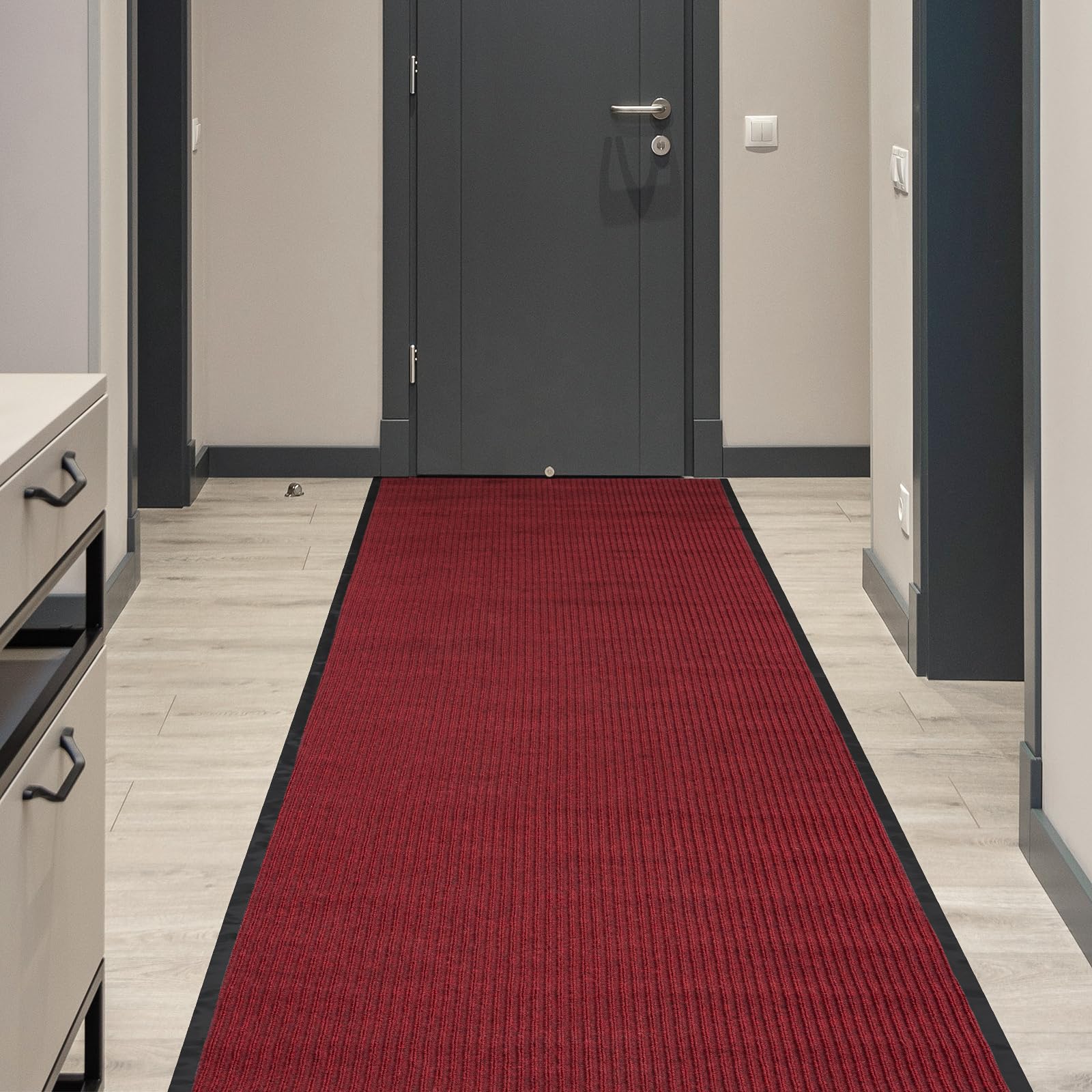 Alfombra de pasillo de 90 x 500 cm, antideslizante, a rayas, lavable, antisuciedad, para interiores y exteriores (rojo), WM055-56