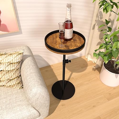 Miniatura 2 de Mesa de bebidas, pequeña mesa auxiliar redonda de altura ajustable con base de metal pesada, mesa de pedestal para espacios pequeños, mesa de acento