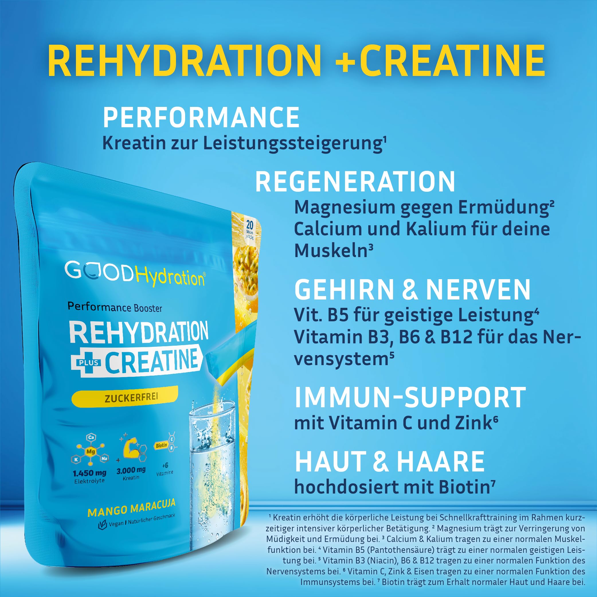 Rehydration PLUS KREATIN Mango Maracuja - Weltneuheit: 1450mg Elektrolyte plus Creatine Monohydrate - OHNE ZUCKER - mit Biotin und 6 Vitaminen – Elektrolytpulver für Sport - 20 Sticks