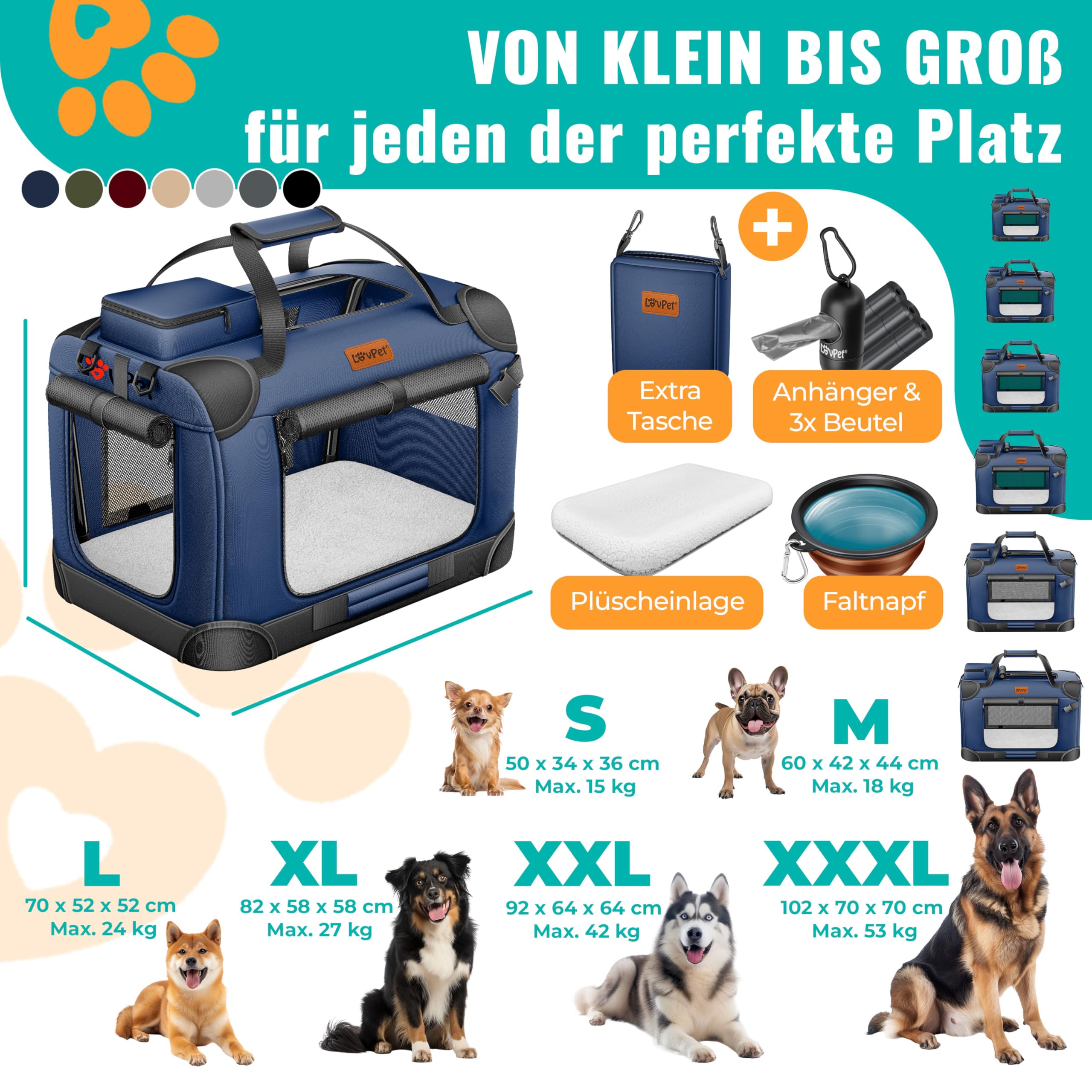 Lovpet® Boîte de transport pliable pour chien avec gamelle, XXL, 91,4 x 63,5 x 63,5 cm - Sac de transport pour animaux de compagnie, chiens et chats - Bleu marine