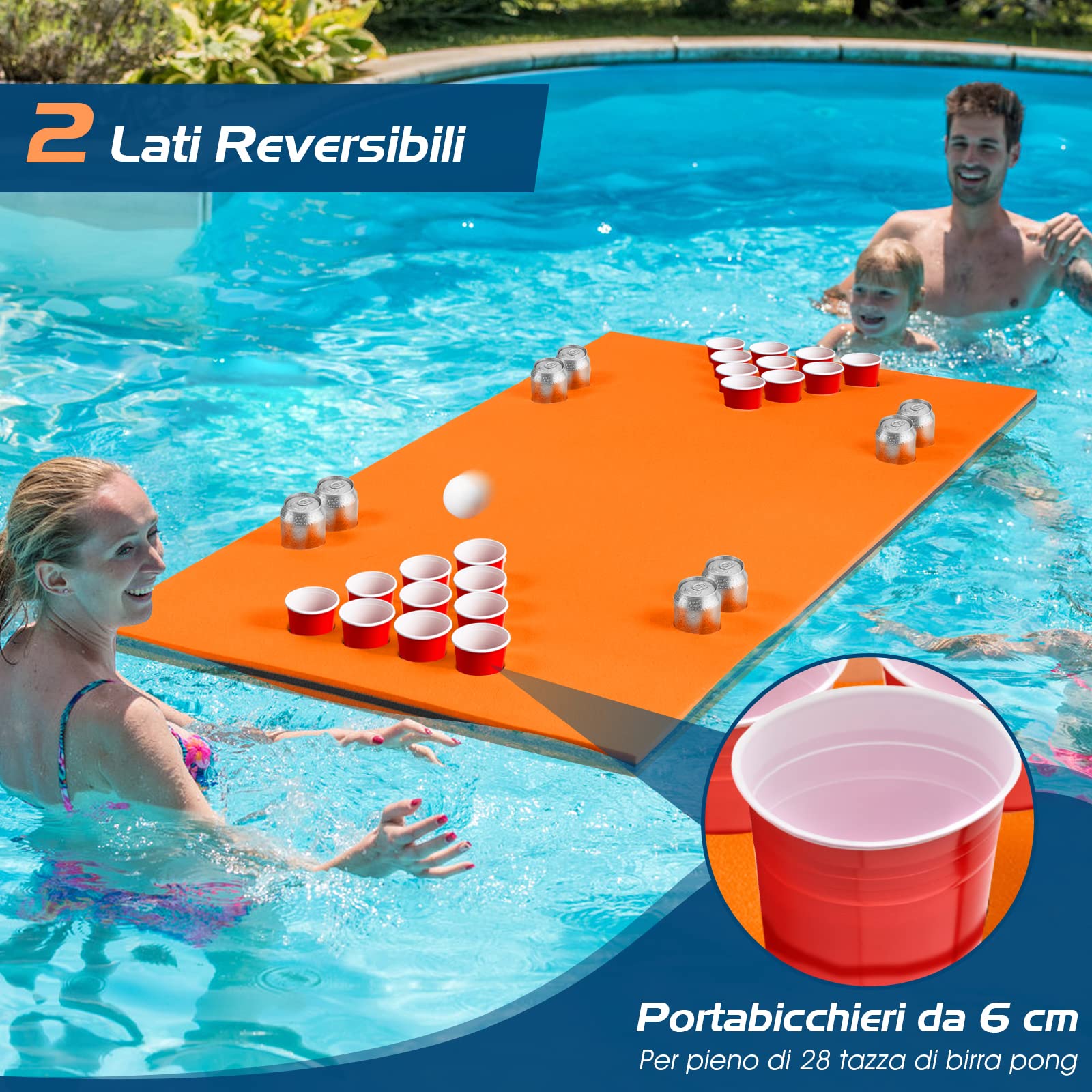 COSTWAY Tappeto Galleggiante Per Mare E Piscina In Schiuma XPE - 210x66 Cm, Portata 60 Kg, Con Poggiatesta E Corda Di Ancoraggio