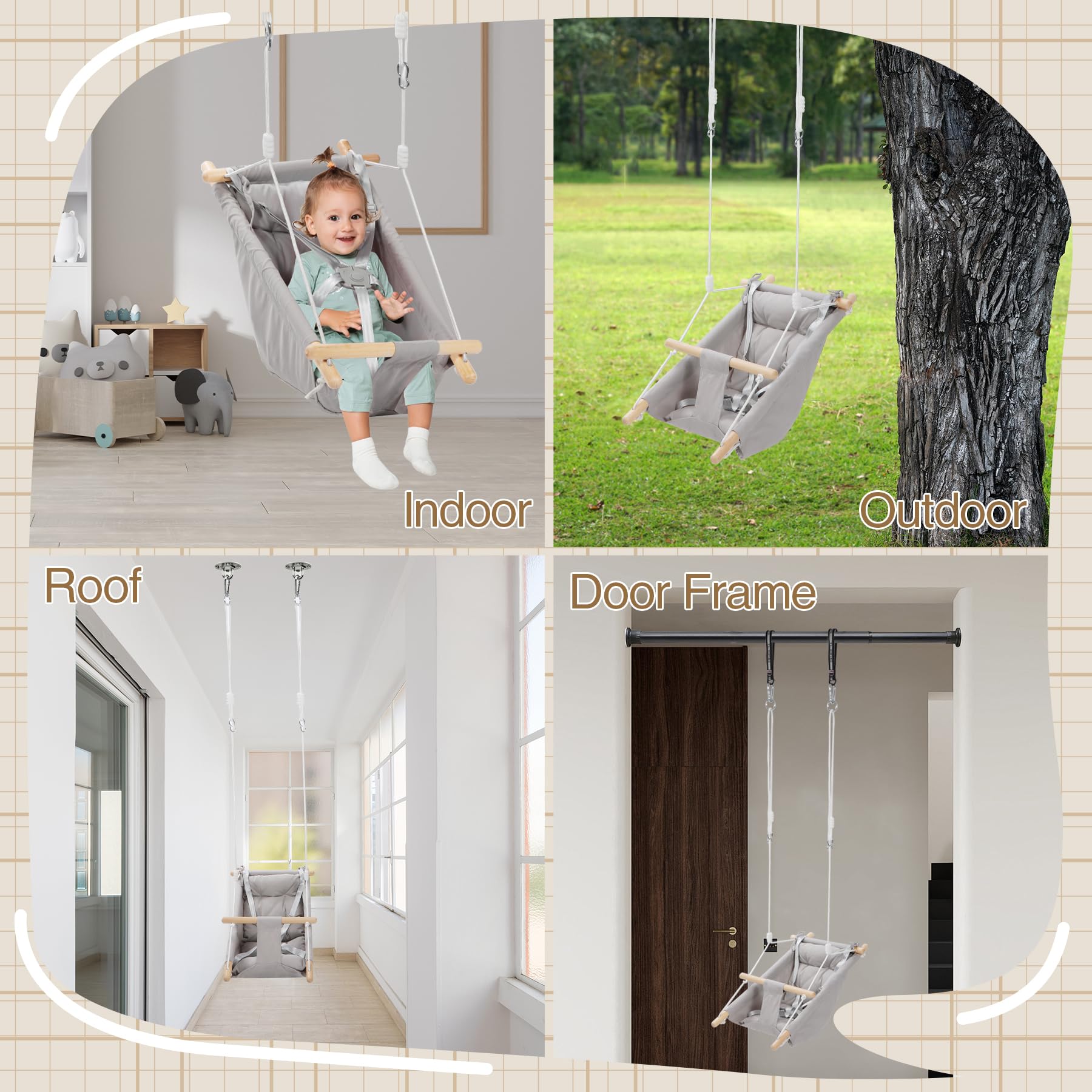REDCAMP Altalena 3 in 1 con cintura a 5 punti, cotone traspirante e legno, per interni ed esterni, fino a 50 kg, altalena per bambini a partire dai 6 mesi in su (grigio)