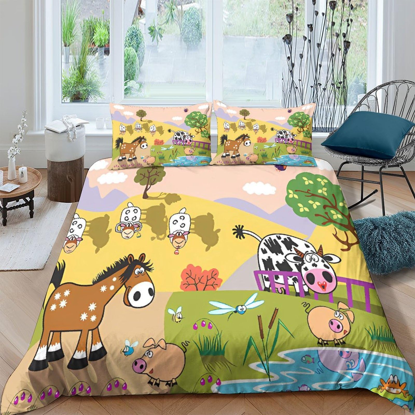 Housse de couette vache et mouton 200x200 cm avec taies d'oreiller
