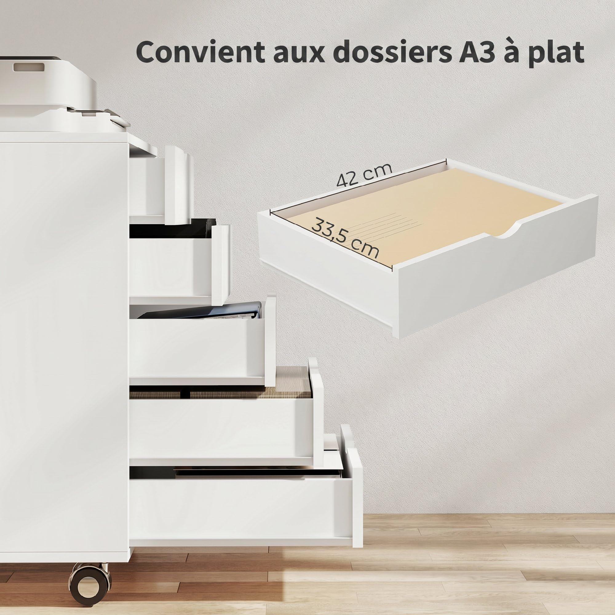 HOMCOM Caisson Bureau Mobile avec 5 Tiroirs A3/Lettre/A4 50x40x67,5cm Blanc | Meuble Rangement Bureau sur Roulettes, pour Imprimante, Caisson de Rangement pour Travail ou Chambre