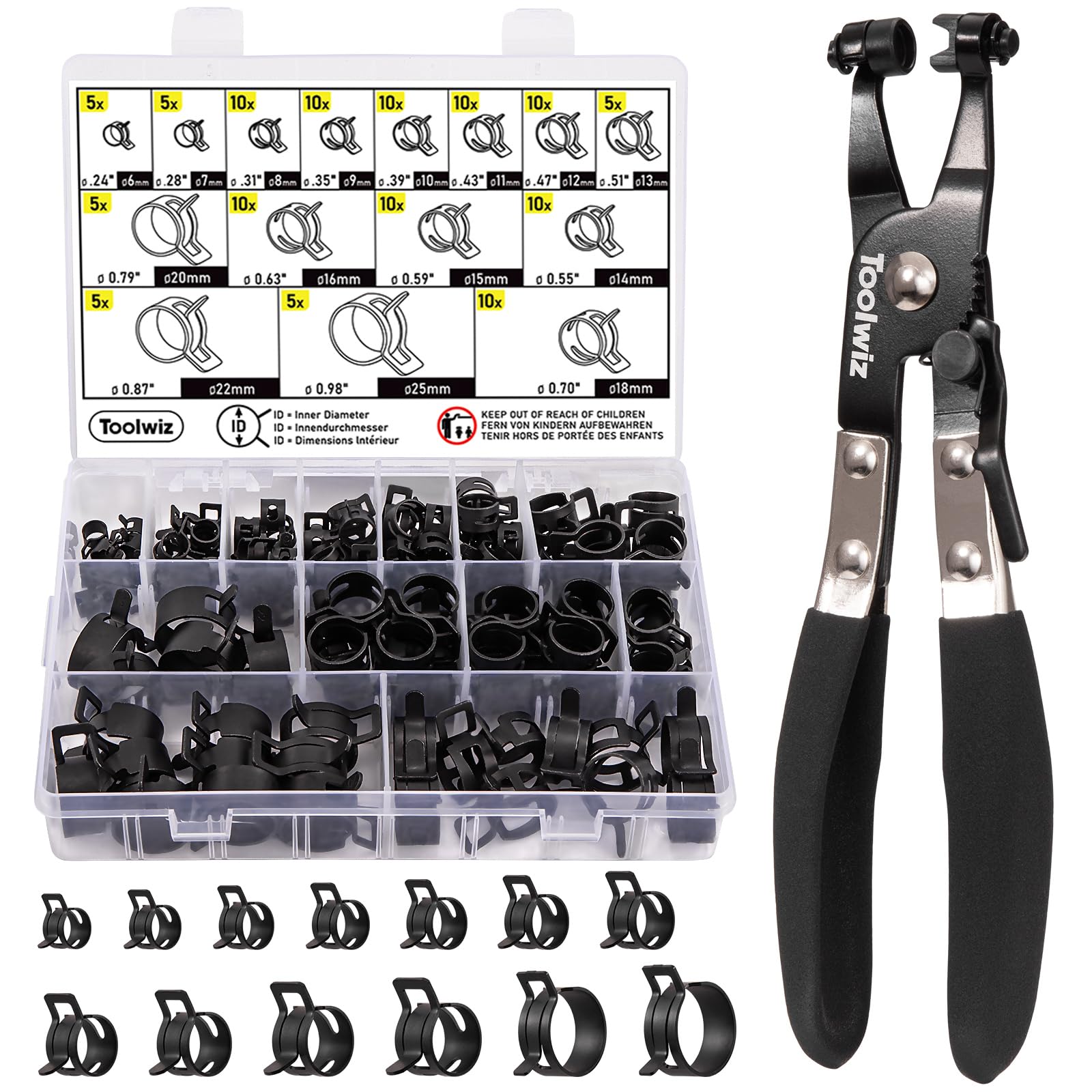 Toolwiz 120 szt. 6-25 mm zaciski do węży sprężynowych z obrotowymi szczypcami zaciskowymi do węża, 15 rozmiarów zacisków do węża, asortyment opasek sprężynowych, przewód paliwowy, wąż próżniowy