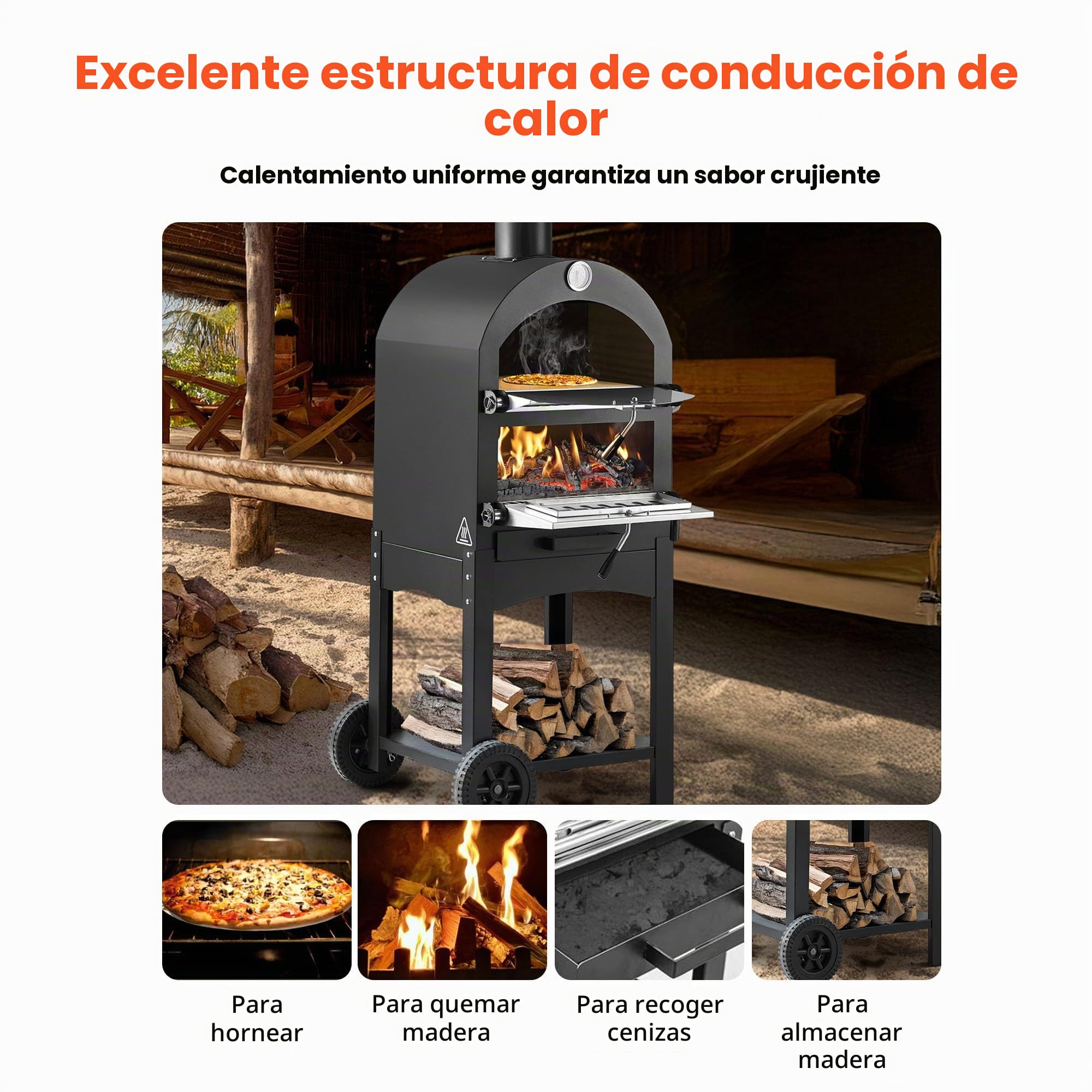 VEVOR Horno de Pizza de Pellets de Leña de 2 Capas, para Exteriores, con 2 Ruedas Extraíbles, Máquina para Hacer Pizzas con Una Temperatura Máxima de 540 °C para Asar, 540 x 445 x 1420 mm, Negro