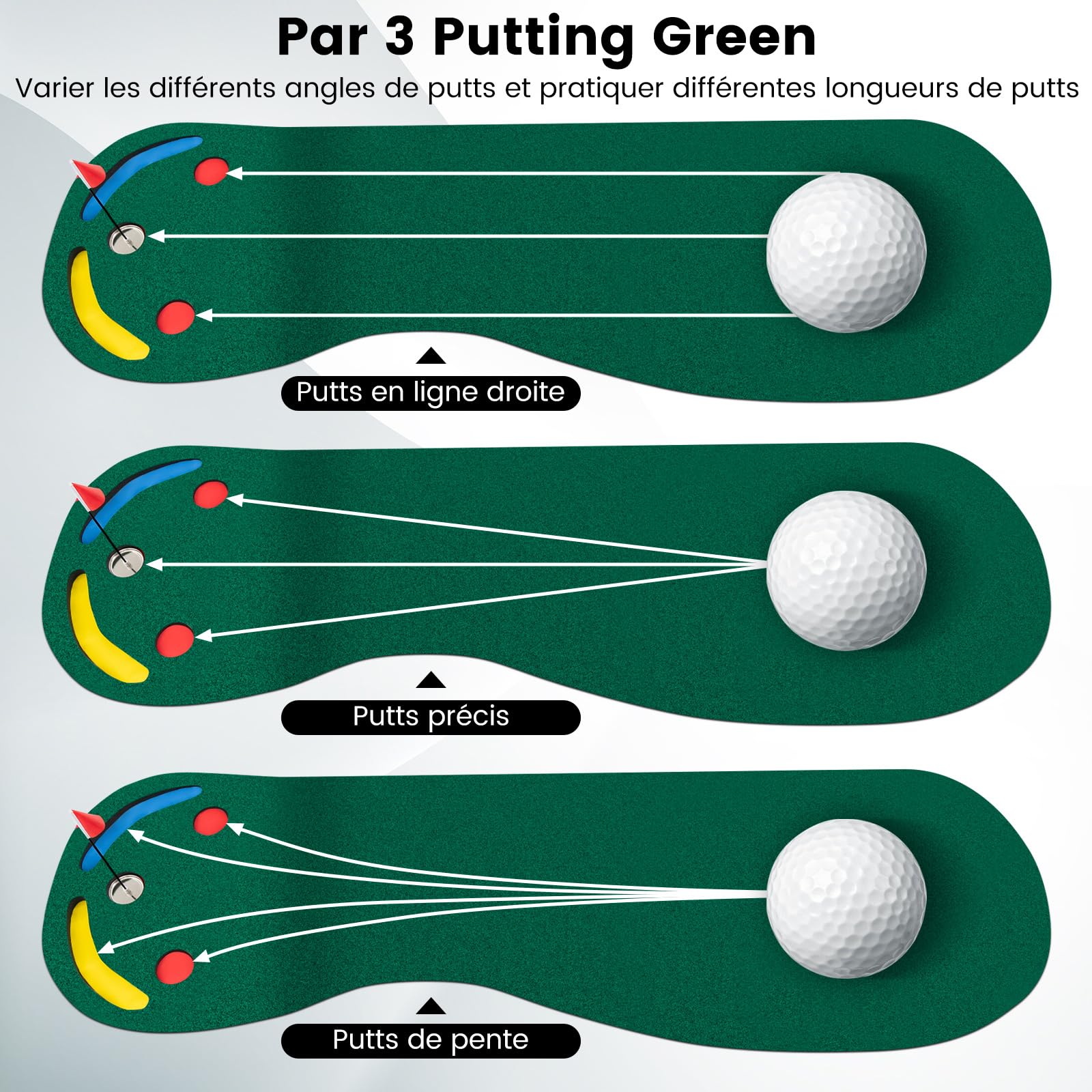 COSTWAY Tapis de Frappe de Golf 300 x 96 cm, Tapis d'Entraînement de Golf par 3 avec 3 Coupelles 1 Drapeau Couvercles de Trou, Green de Putting de Golf pour Intérieur & Extérieur