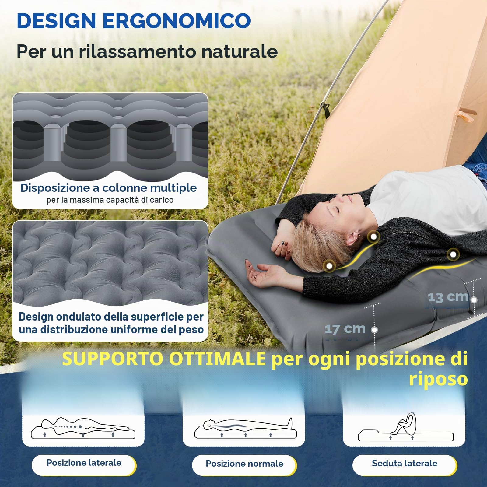 HIKENTURE Materassino autogonfiante, 13 cm, ultra spesso, da campeggio con cuscino, dimensioni ridotte, ultra leggero, con pompa a piedi, per esterni, escursioni, tenda – grigio
