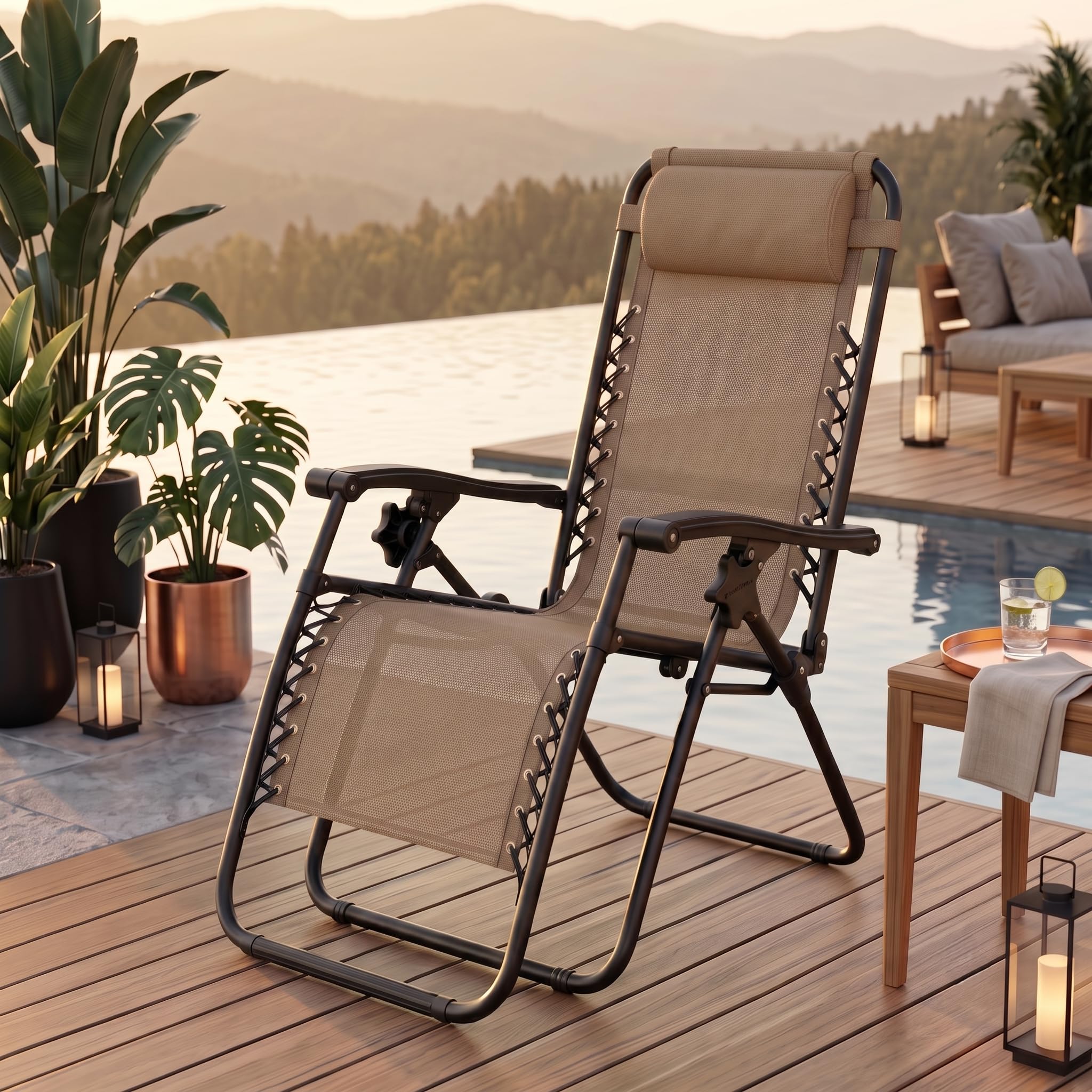Amazon Brand - Solimo Solace Outdoor Adjustable Zero Gravity Folding Reclining Lounge Chair with Pillow (Beige) | Alloy Steel-image-42