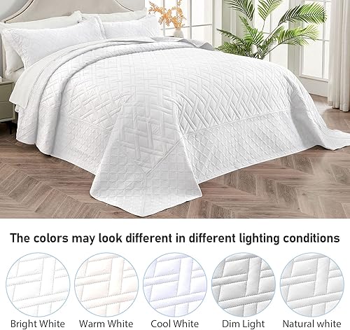 Miniatura 6 de Qucover Juego de edredón tamaño California King de gran tamaño, 3 piezas blancas de gran tamaño, juego de colcha de microfibra suave, delgada,