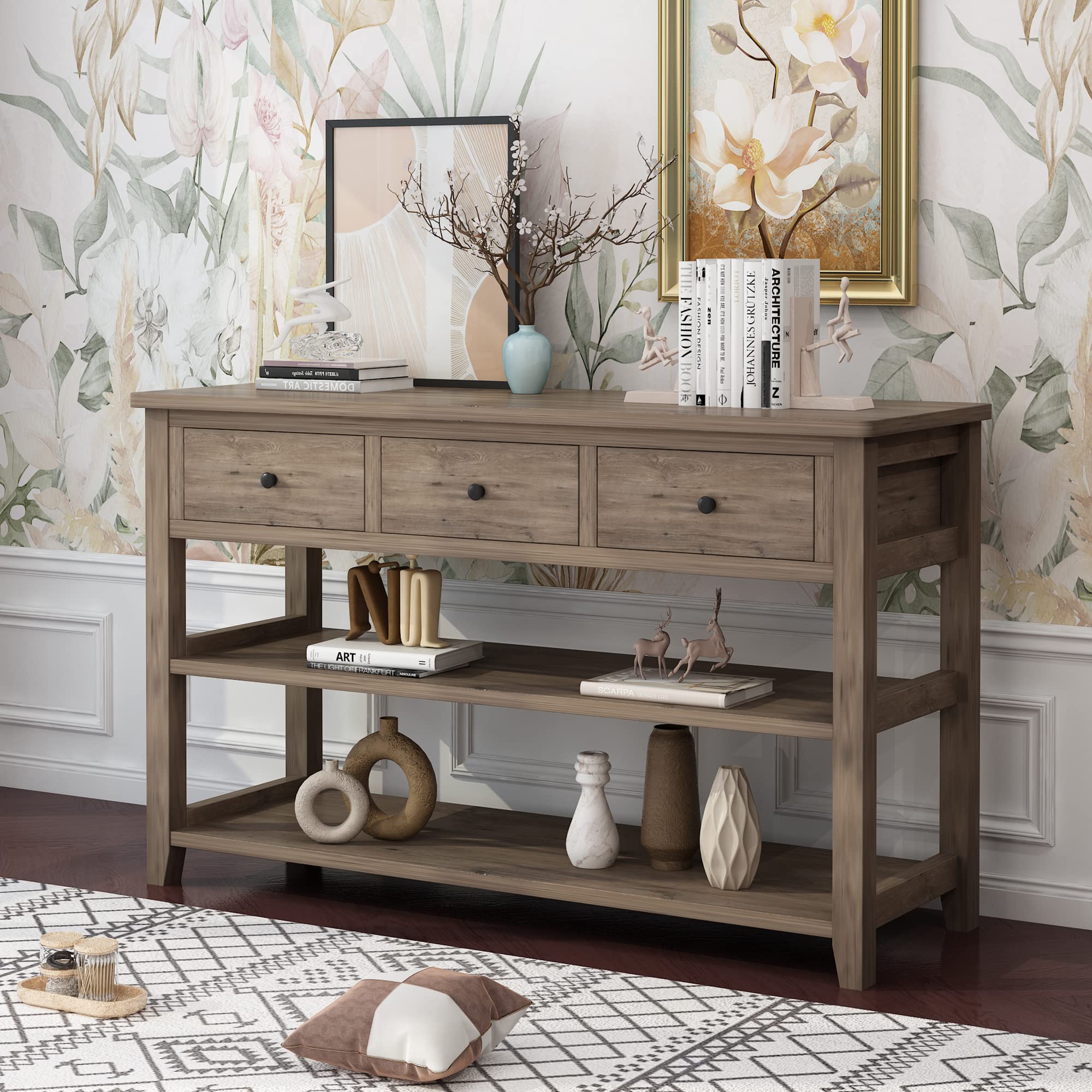 Console Table with 3 Drawers,Retro Sofa Table, Entryway Table with 3-Tier Storage Shelves, Narrow Accent Table for Living Room, Couch, Hallway,Foyer,