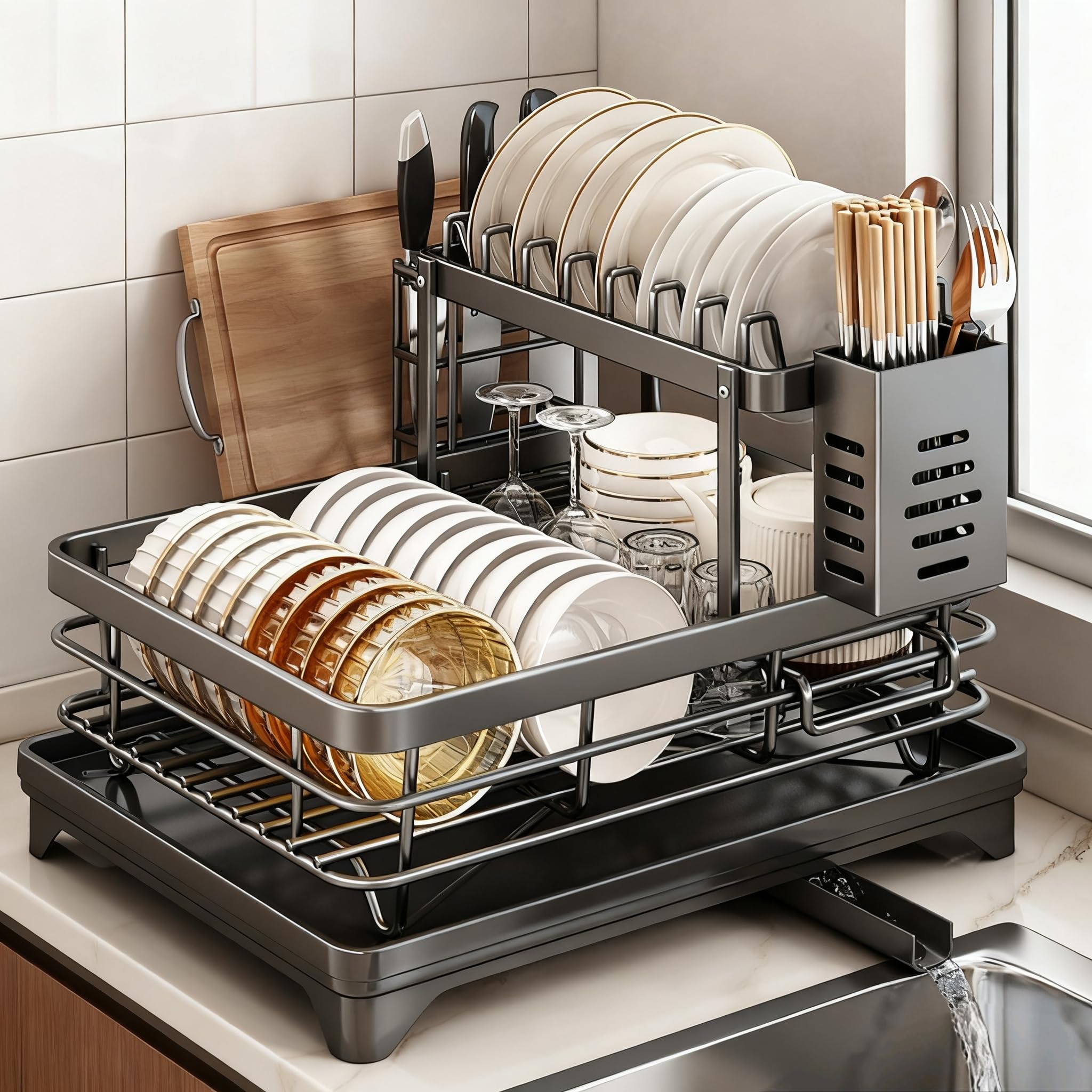 Braozaiw 2 Tier Dish Drainer Rack,Dish Drying Rack With Draining Board Rack,Drying Rack Kitchen With Utensil Holder,Cutting Board Holder,Space-Saving Dish Rack For Kitchen Counter,Black