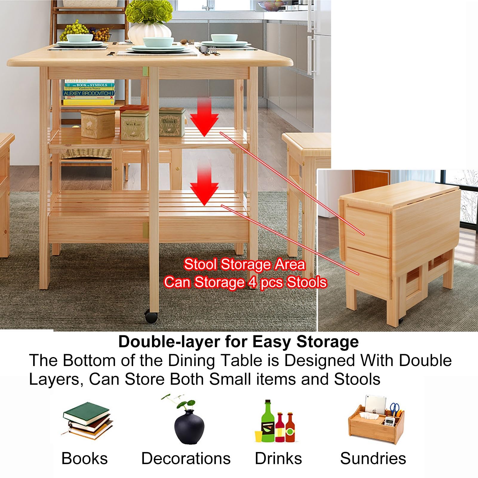 Ensemble table de salle à manger extensible en bois avec 4 chaises 1,2 m Table pliante pour cuisine, salle à manger, salon et restaurant – Finition beige