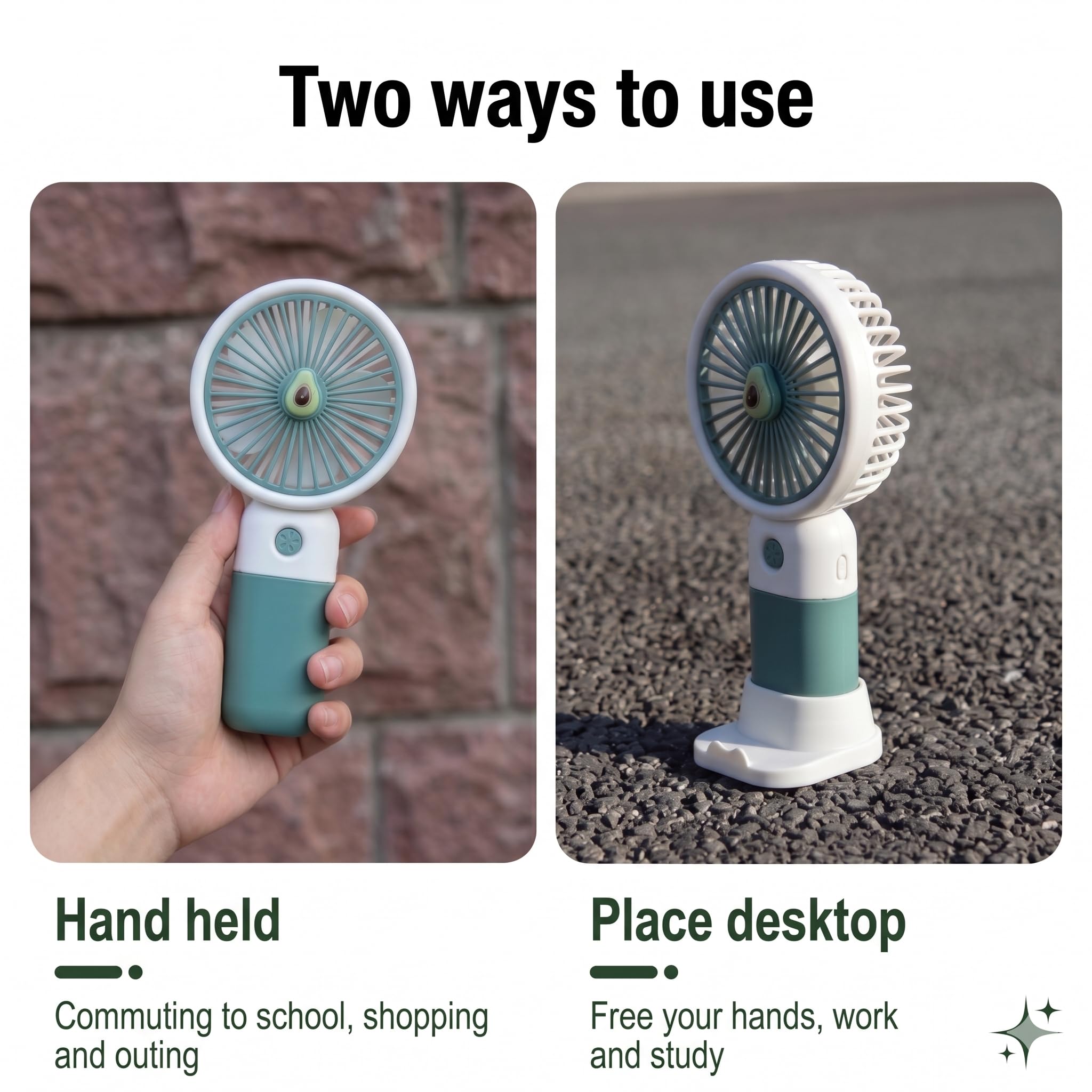 BISOKE Portable Handheld Mini Fan with Table Stand, USB Rechargeable Cute Fruit & Cartoon Pocket Fan for Kids, Girls, School & Travel (Assorted Multi-Color, Pack of 1) 2