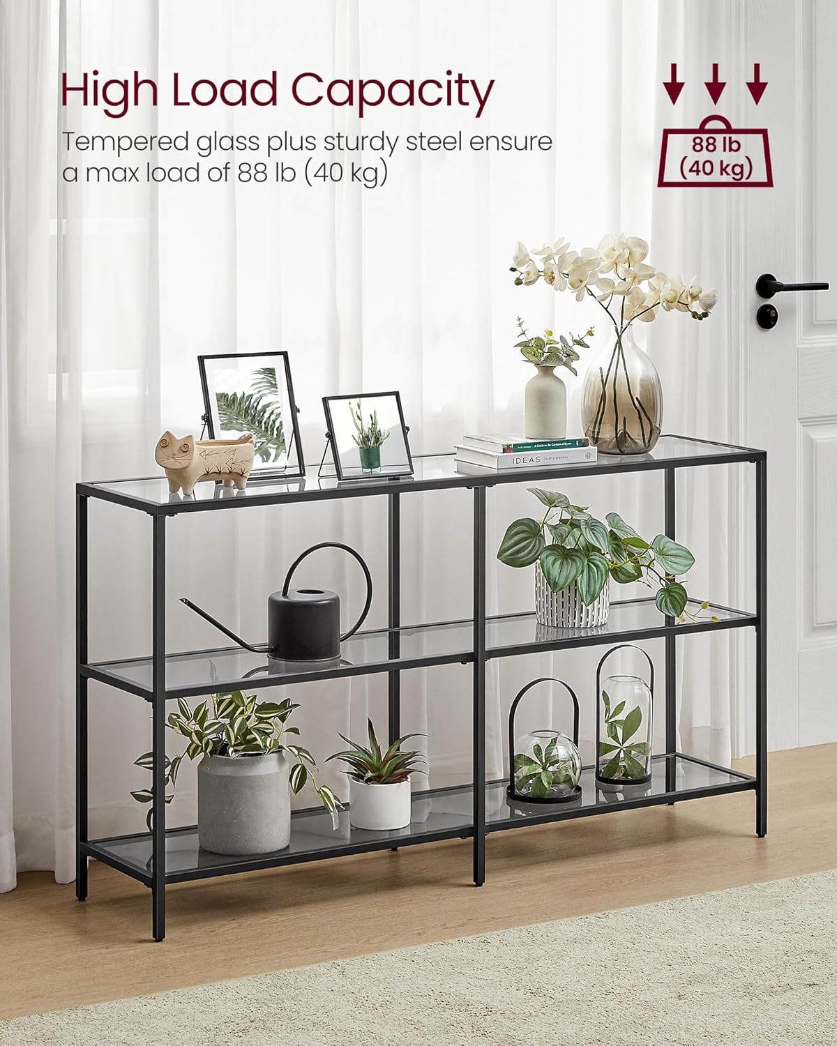 Console table with plants and decorative items, highlighting its high load capacity