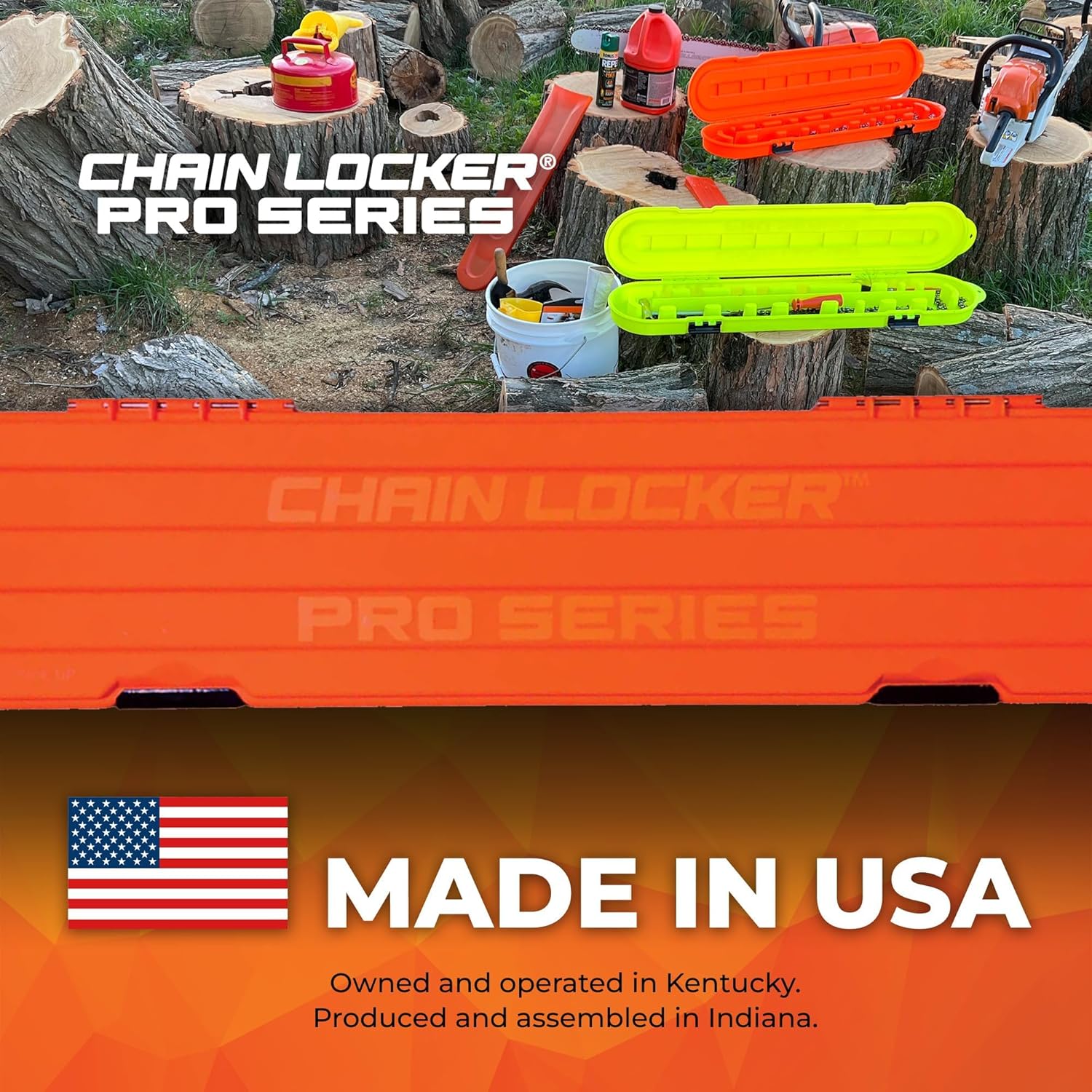 Chain Locker Pro Series - Universal Portable Saw Chain Storage Case, Double Row Design for Long Blades and Double Sided for Sharp and Dull, 2 Inches Tall, Made in USA - High-Vis Orange