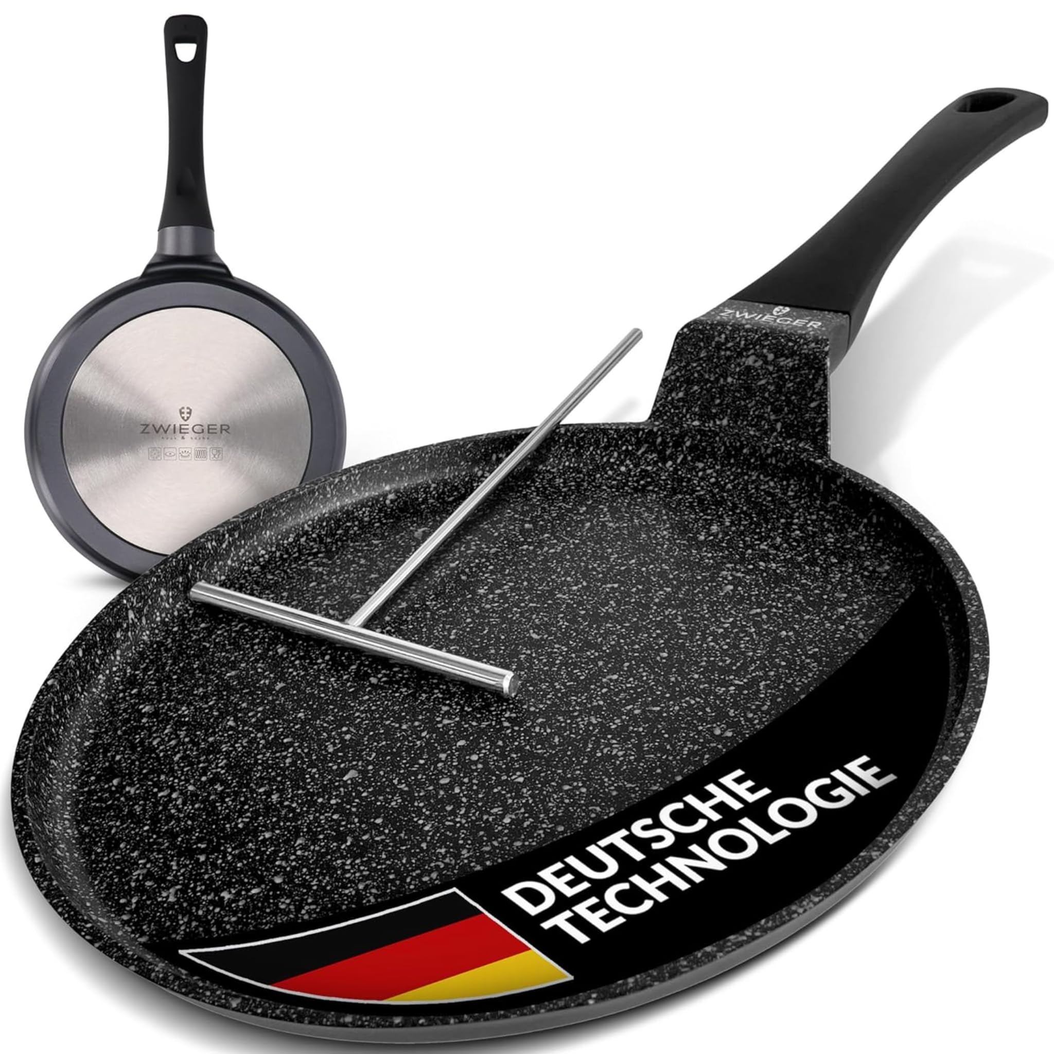 ZWIEGER Crepe Pfanne mit Teighelfer – Beschichtete Pancake Pfanne Induktion 26 cm – Vollflächiger Edelstahlboden, für alle Herdarten geeignet – PFOA- & PFOS-frei