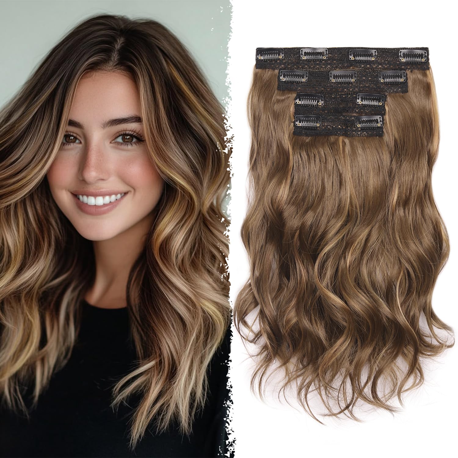 Hair Extensions Clip In - 14 Inch Wavy Synthetic Clip In Hair Extension (Color: Medium Brown with Honey Blonde Highlights)