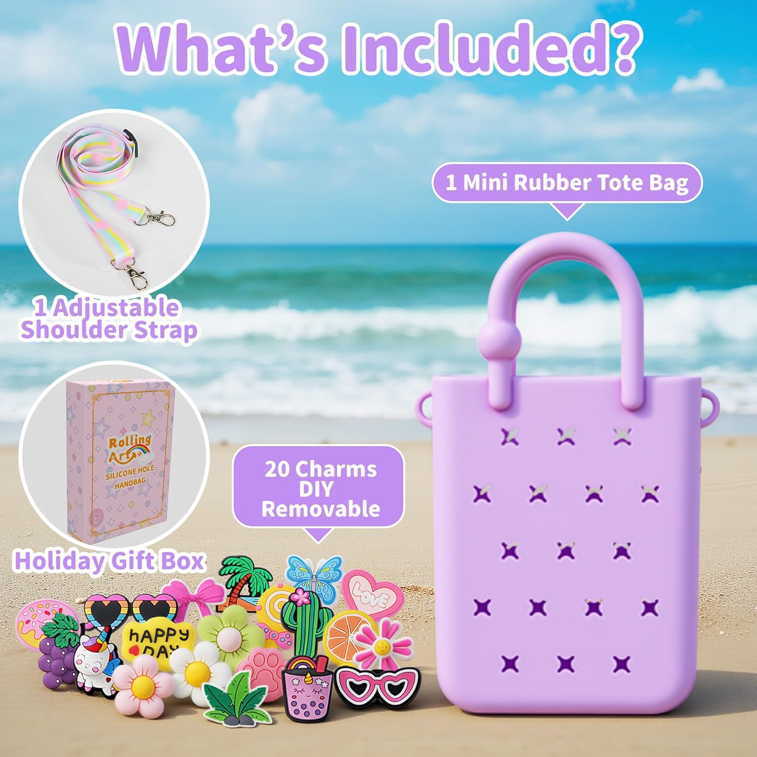 Silicone Small Rubber Beach Bag with 20 Charms, Hole Handbag With Adjustable Shoulder Strap, Girls and Woman - Image 4