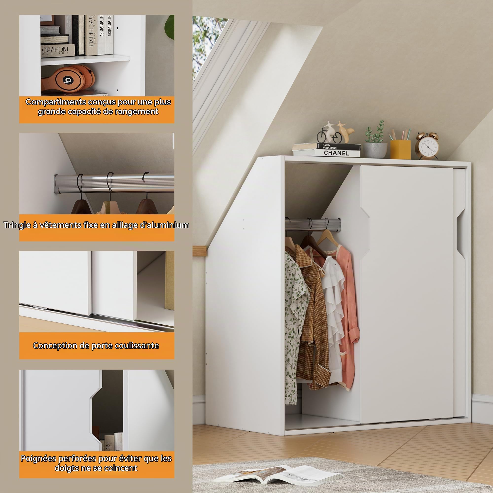 MSFE Meuble sous Pente avec 2 Portes Penderie Mur en Pente Chambre Mansardée Armoire de Toit en Pente Placard de Rangement adapté aux Murs en Pente 100 x 80 x 52CM Blanc