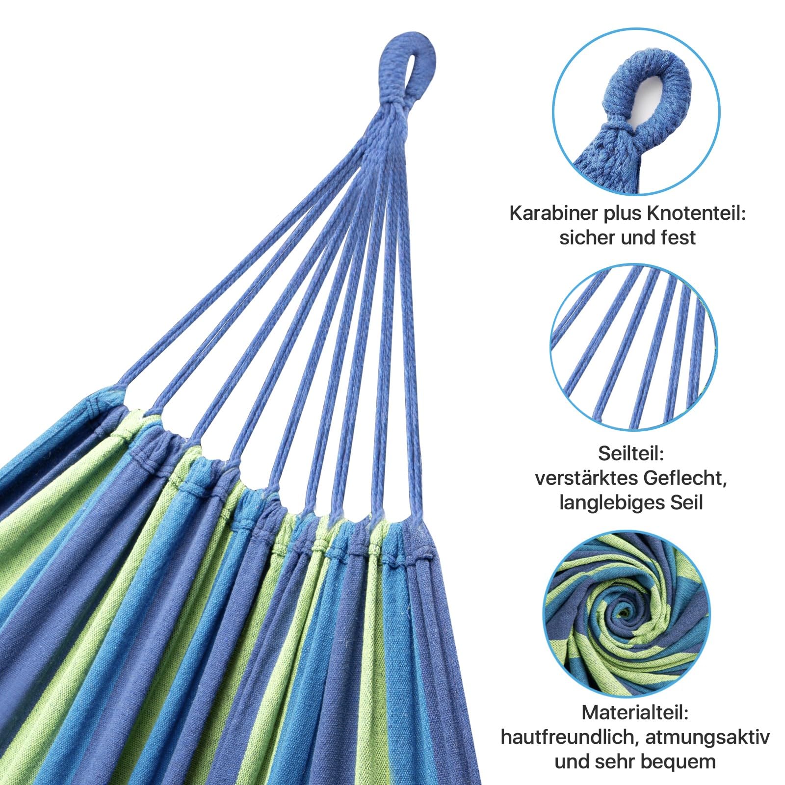 Signstek - Amaca da Esterno in Cotone (230 x 150 cm), Portata Fino a 300 kg, Portatile, con Borsa per Il Trasporto, per Patio, Cortile, Giardino, 2 Persone, Campeggio, Amaca (Blu)