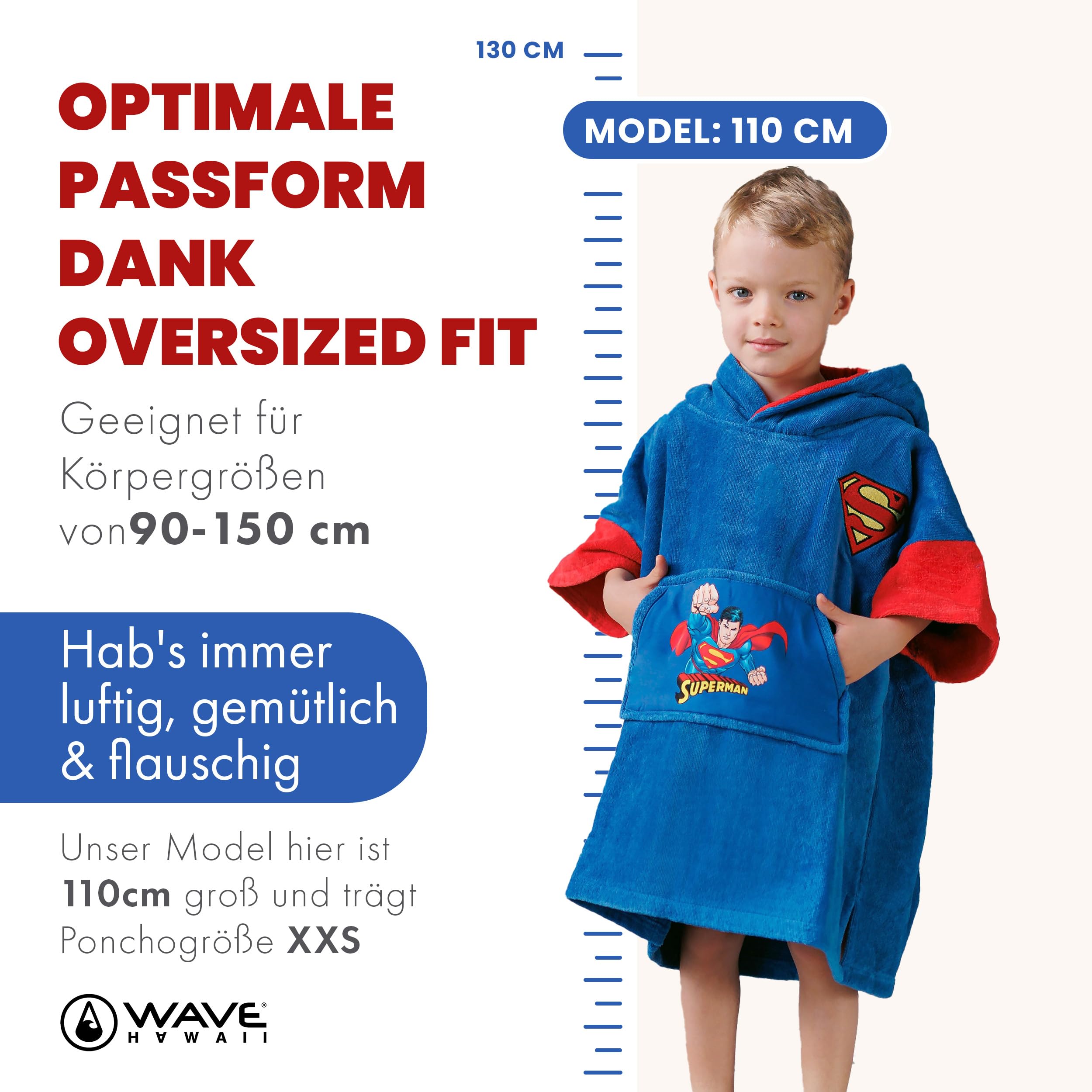 Wave Hawaii Poncho de baño para niños, en algodón Natural, Poncho de Playa con Capucha, Toalla Suave para niños y niñas, para casa, baño y Viaje, Talla (Superman, XXS)