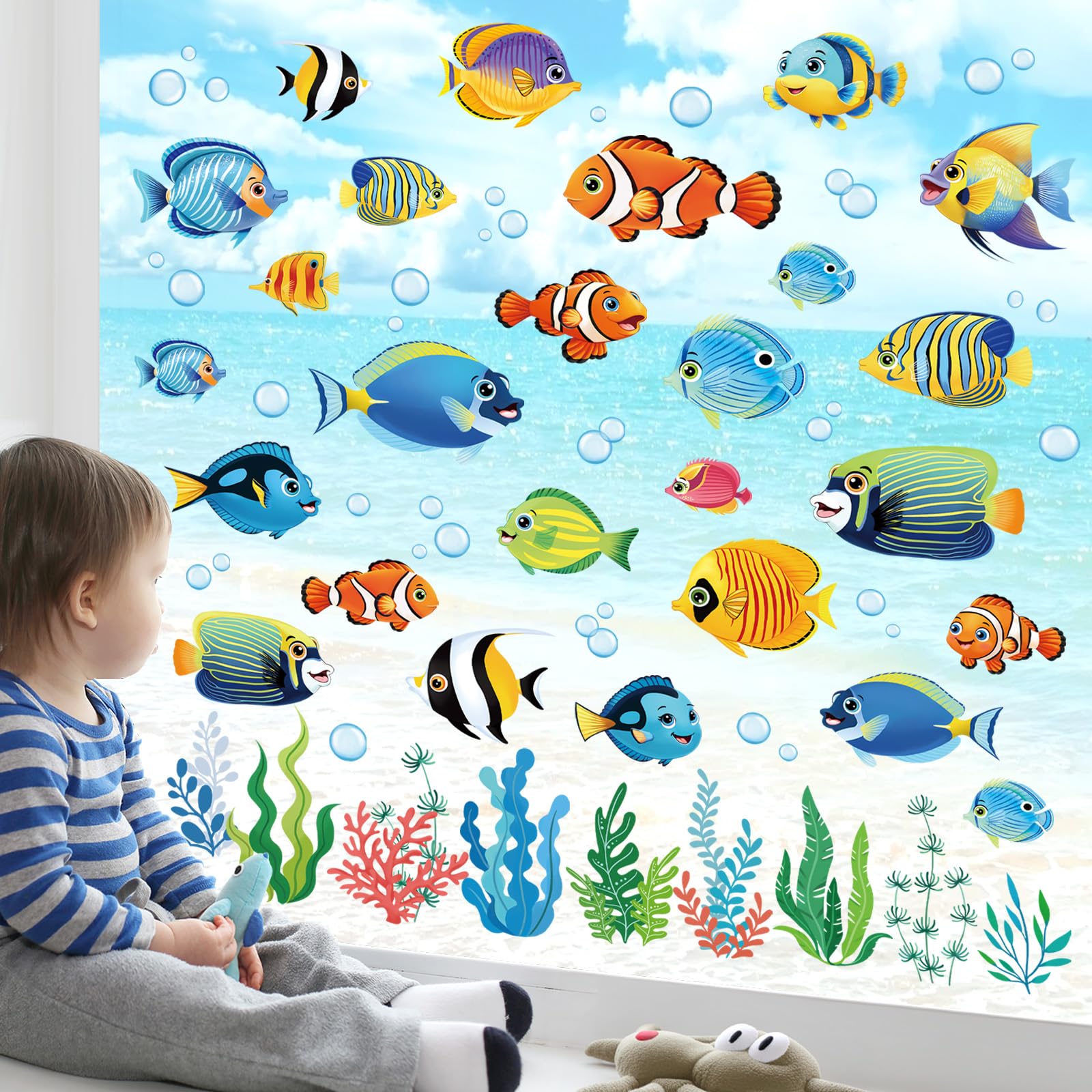 decalmile Summer Under The Sea Fish Double Sided Window Clings Ocean Animal Tropical Fish Seaweed Window Decals Anti-Collision Glass Window Doors Window Stickers